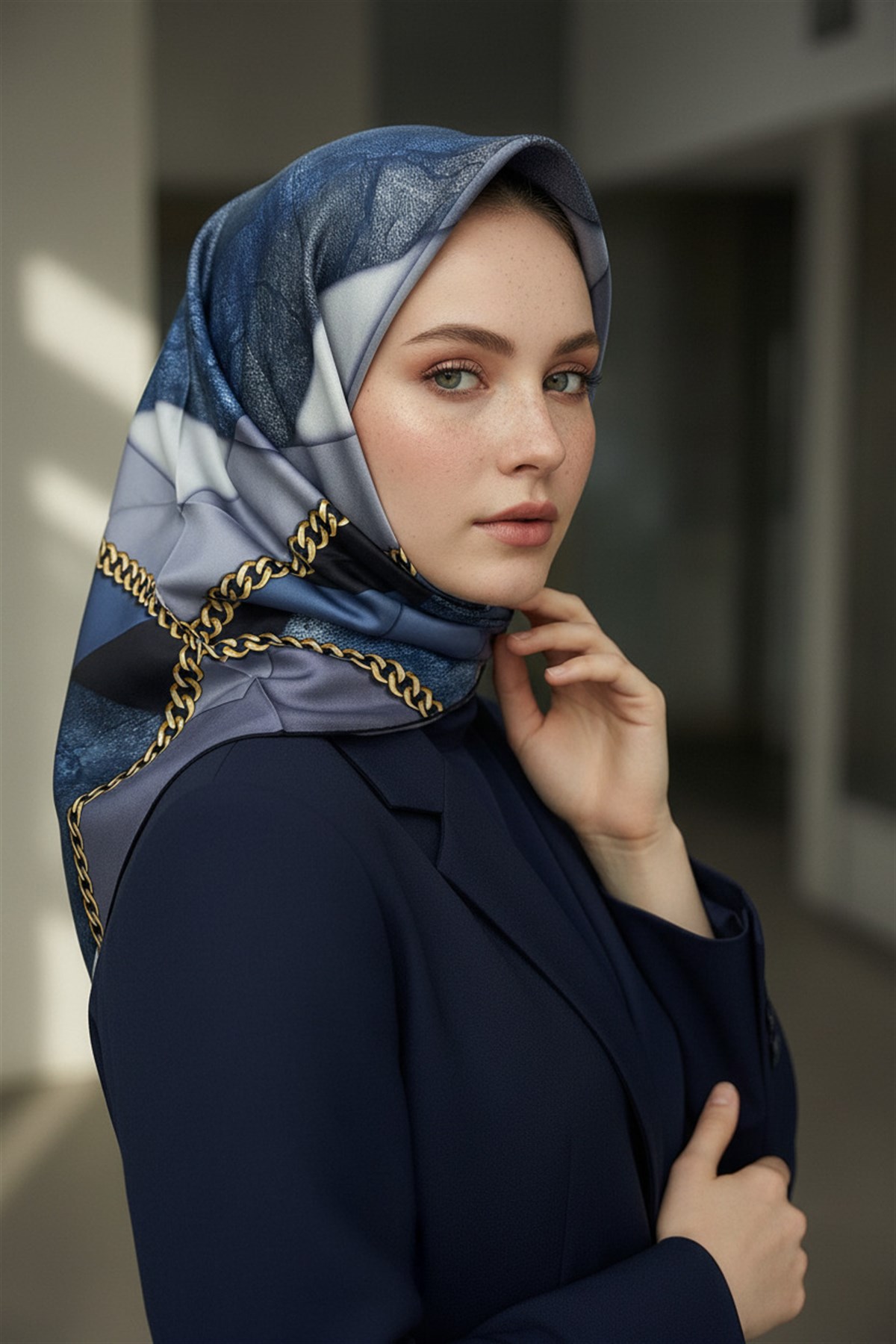%100 Twill İpek Taş Efekti Desenli İndigo - Siyah Renkli 90x90 Eşarp Dikim Şekli : El Dikişi
