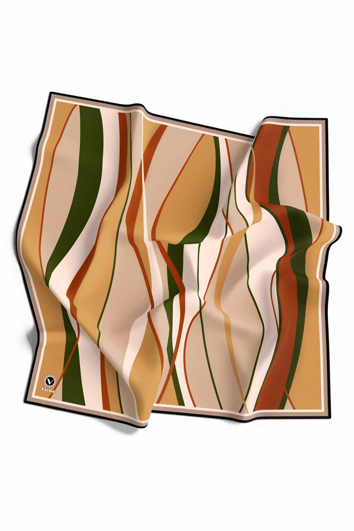 Rayon Modern Dalgalı Çizgi Desenli Hardal - Taba Renkli 90x90 Dikim Şekli : El Dikişi Eşarp (İpek İçermez)