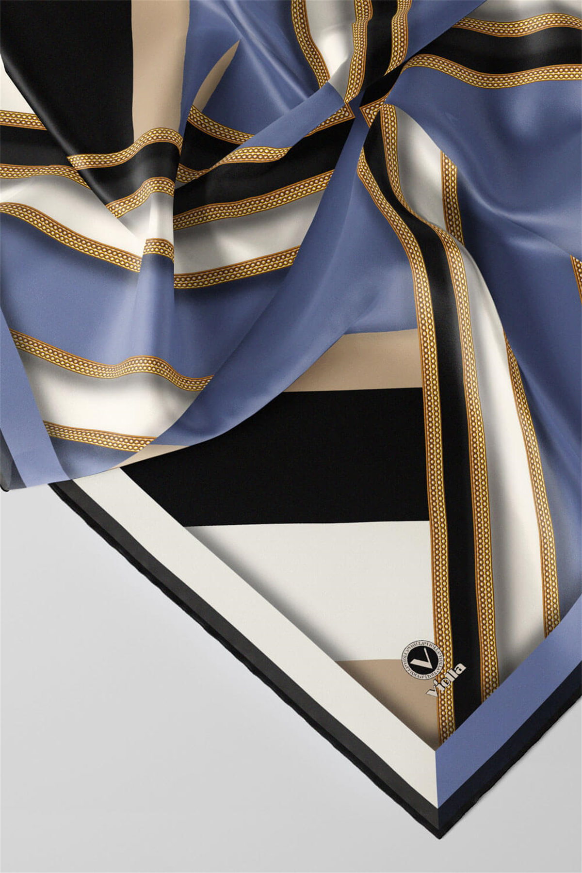 Twill Geometrik Desenli İndigo Renkli 90x90 Eşarp (İpek İçermez) Dikim Şekli : El Dikişi