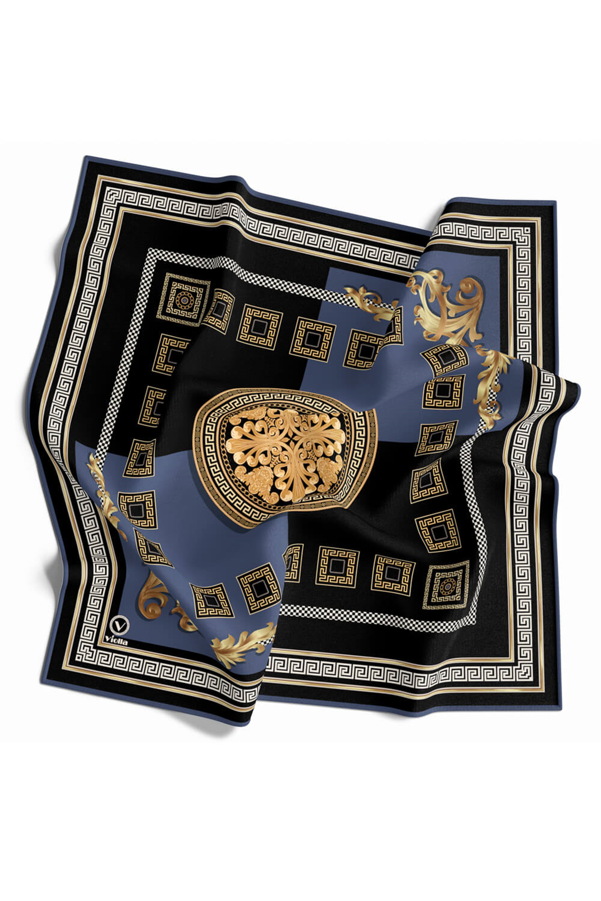 Twill Barok Desenli İndigo Renkli 90x90 Eşarp (İpek İçermez) Kenar Dikiş Şekli El Dikişli