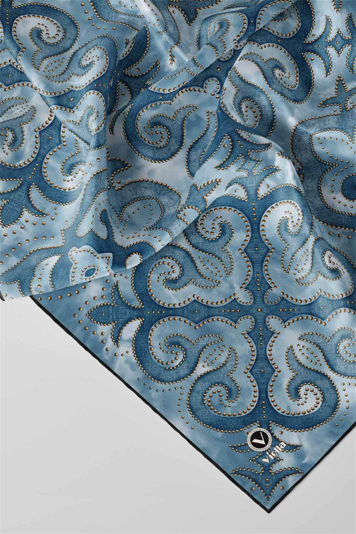 Twill Barok Desenli Petrol Mavisi Renkli 90x90 Eşarp (İpek İçermez) Kenar Dikiş Şekli El Dikişli
