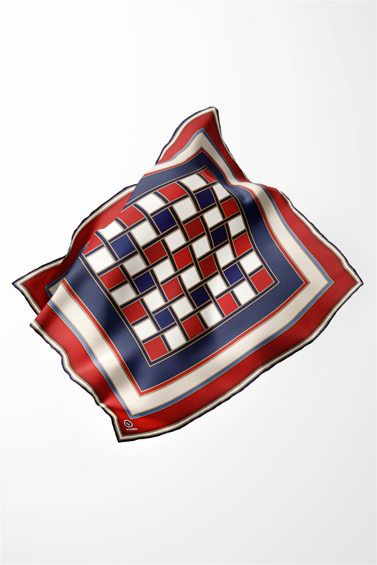 Twill Kare Desenli Kırmızı - Lacivert Renkli 90x90 Dikim Şekli : El Dikişi Eşarp (İpek İçermez)