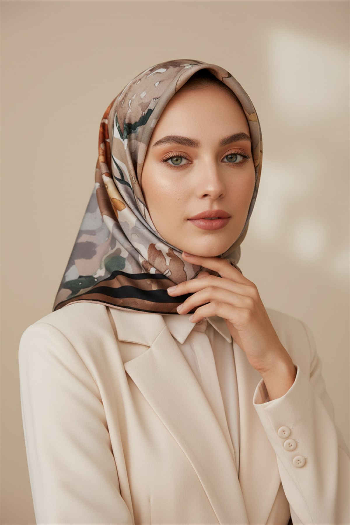 % 57 İPEK % 43 VİSKON Twill İpek Sulu Boyalı Çiçek Desenli Vizon - Turuncu Renkli 90x90 Eşarp Dikim Şekli : El Dikişi
