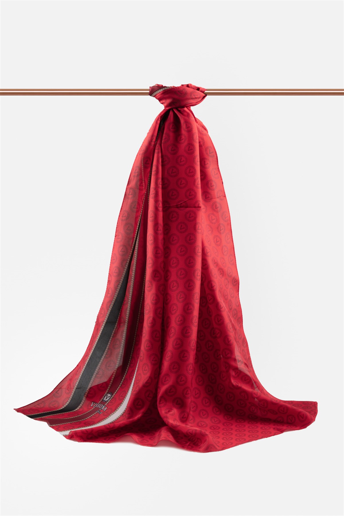 %100 İpek Monogram Desenli Kırmızı - Siyah Renkli 92x210 Şal