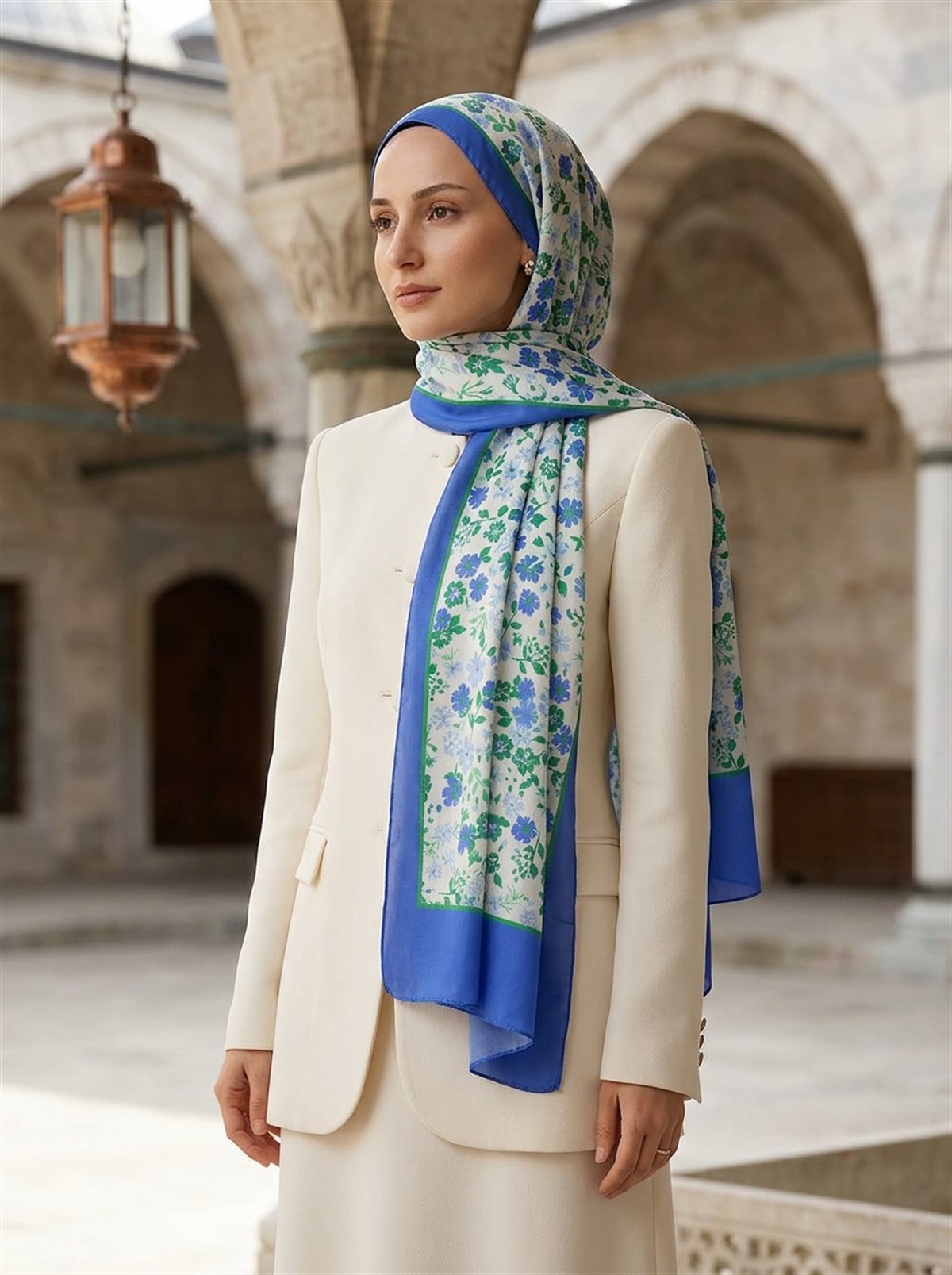 %100 Saf İpek Şal İnce Saten Vual Dokuma Çıtır Çiçek Desenli Saks Renkli 90x210 Şal