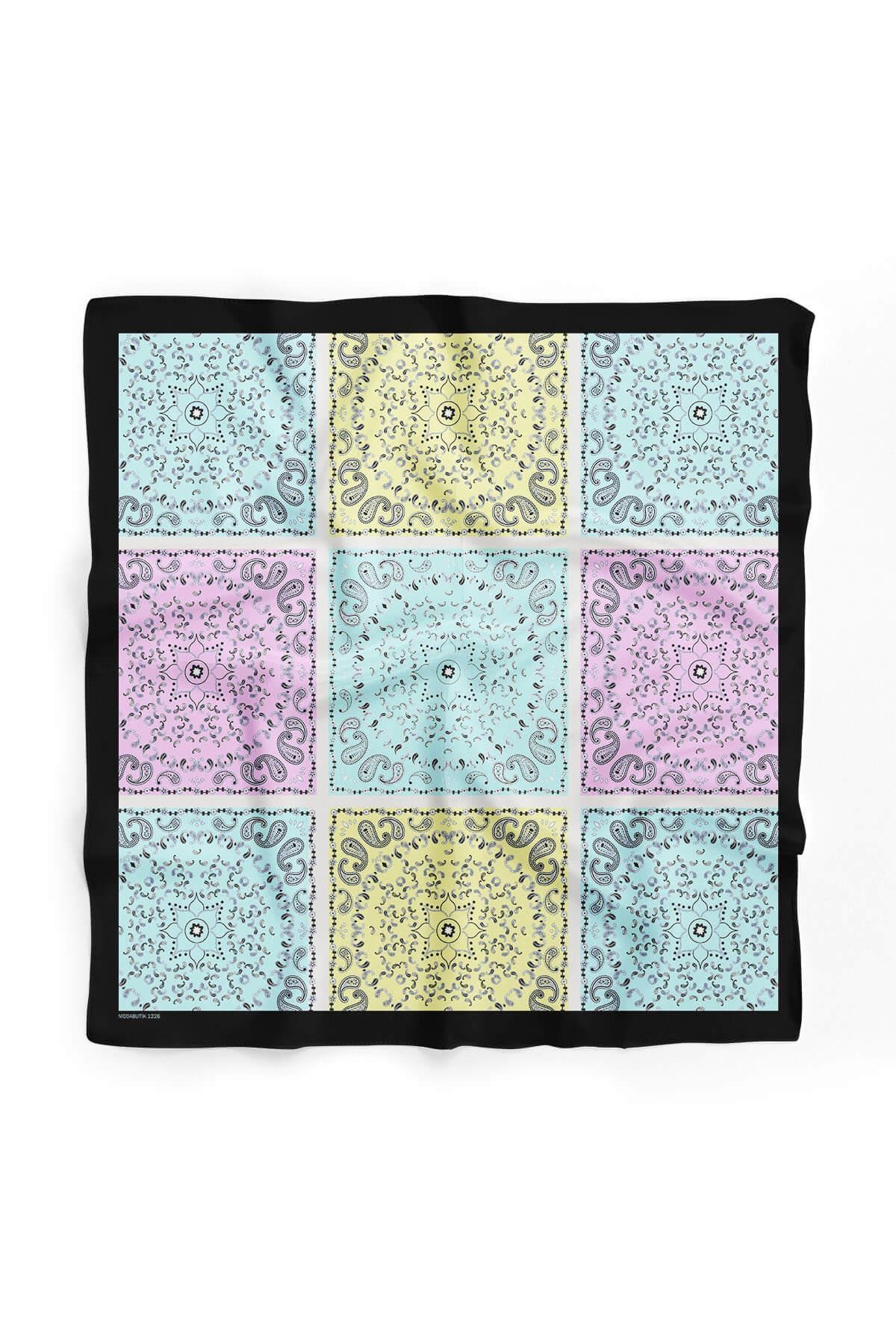 Violla Y33 Kadın Sarı Turkuaz Kareli Desenli 50x50 Bandana HYL DG01226-22