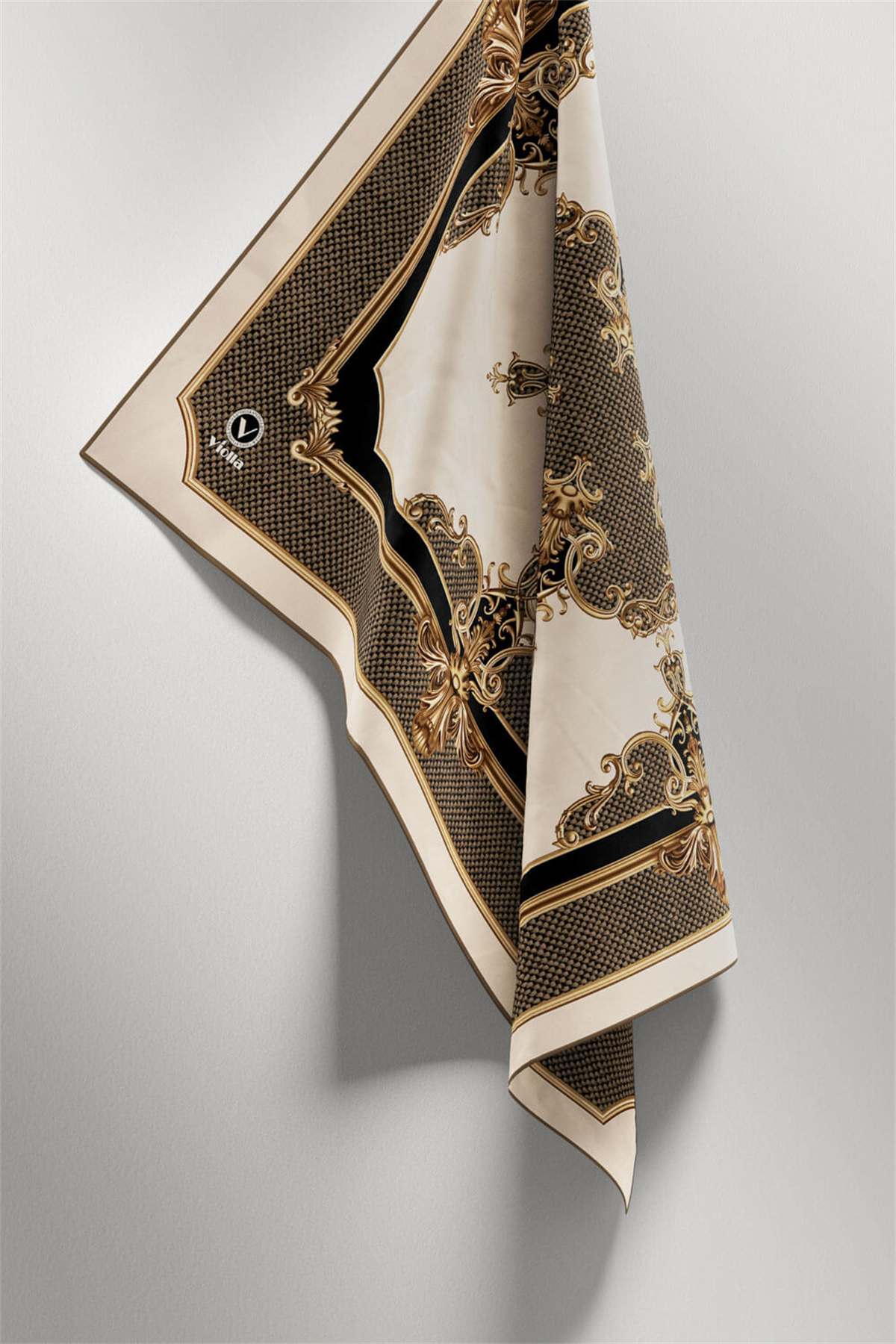 Twill Barok Desenli Vizon Renkli 90x90 Eşarp (İpek İçermez) Dikim Şekli : El Dikişi