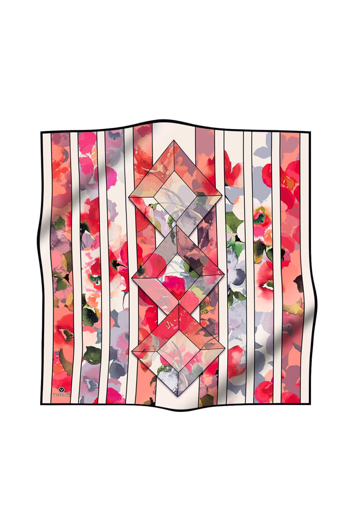 %100 Twill İpek Bahar Çiçekleri Desenli Gri - Kırmızı Renkli 90x90 Eşarp Kenar Dikiş Şekli El Dikişli