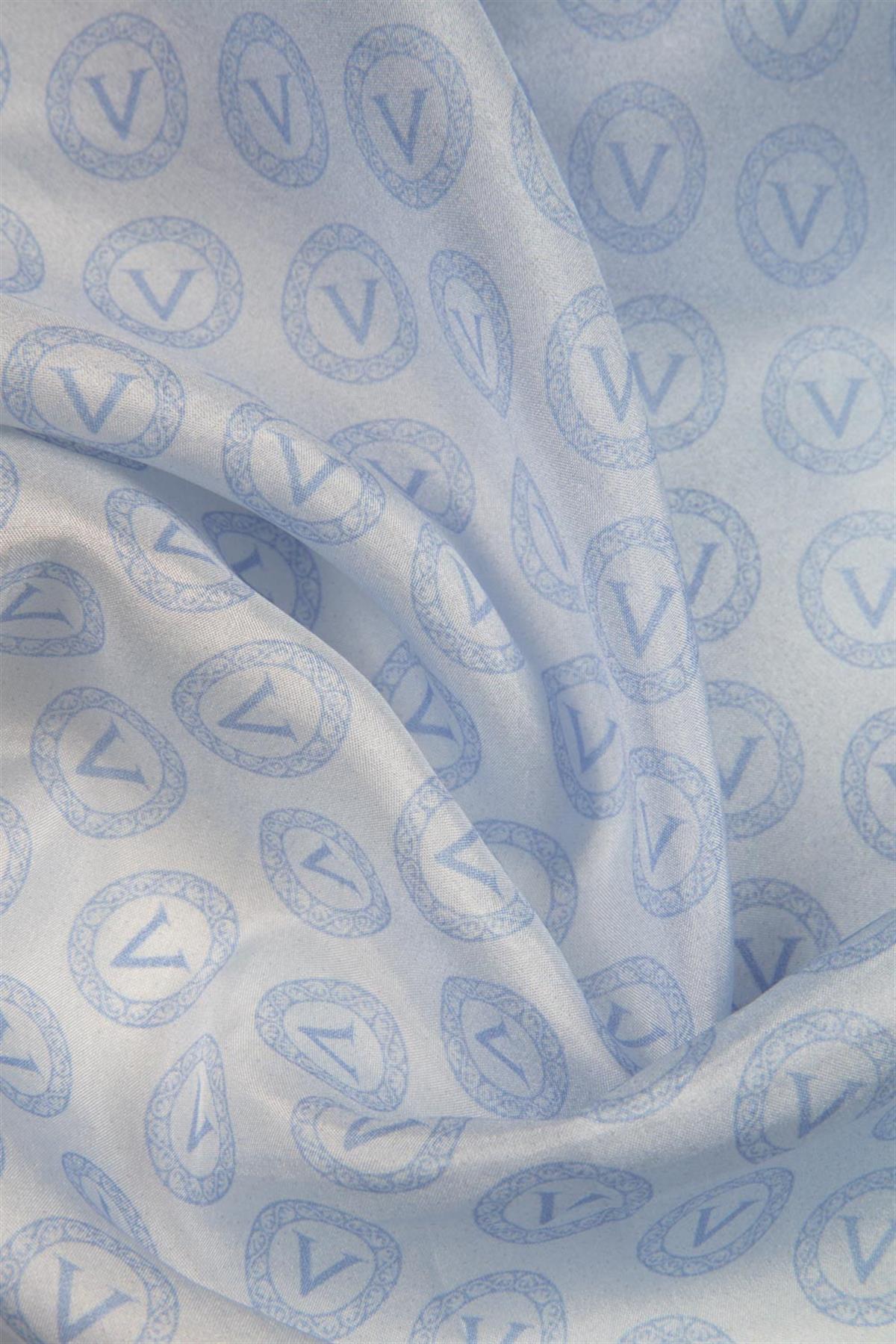 %100 İpek Degradeli Ve Monogram Desenli Bebe Mavisi - Gold Renkli 92x210 Şal