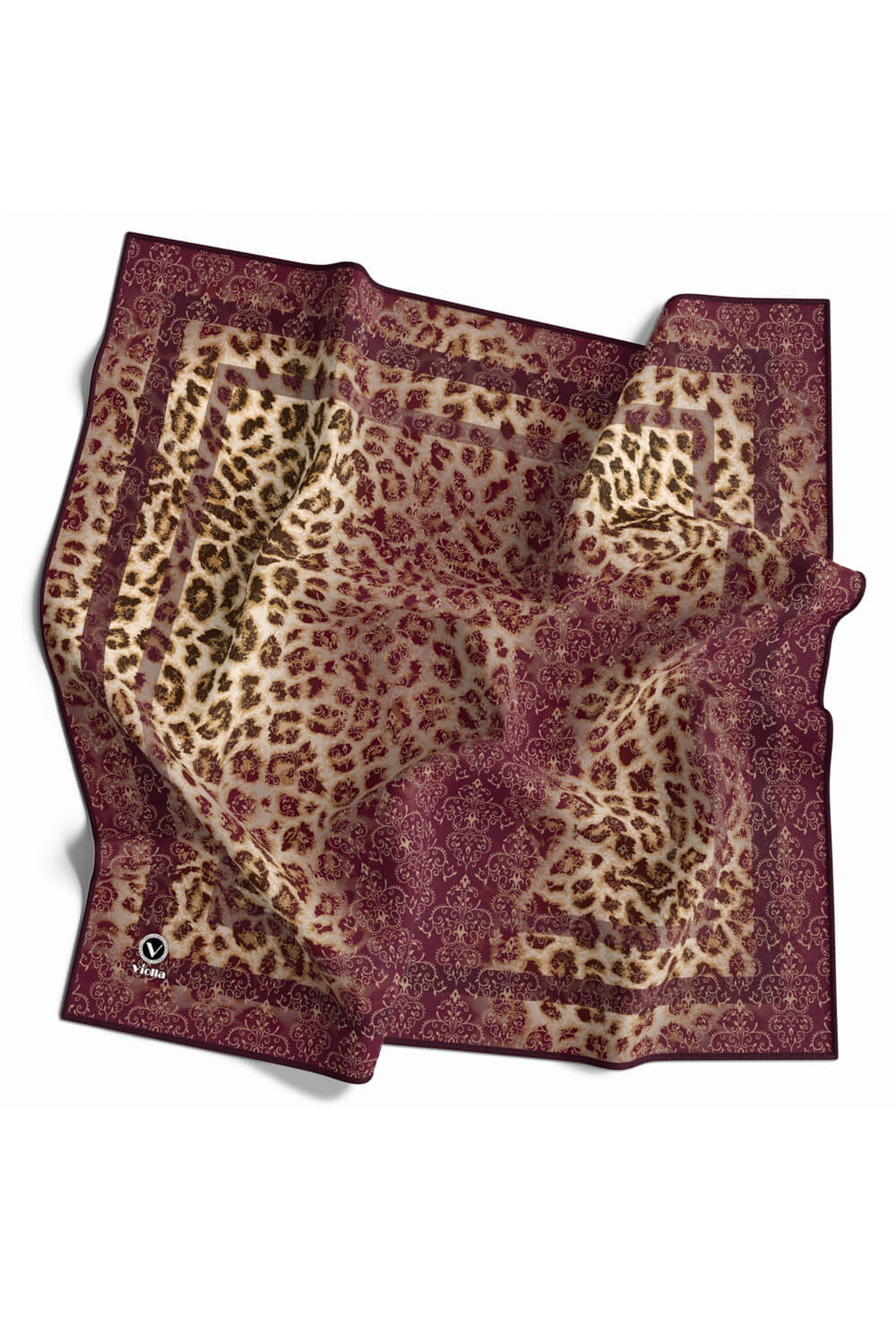 Twill Leopar Desenli Mürdüm Renkli 90x90 Eşarp (İpek İçermez) Kenar Dikiş Şekli El Dikişli