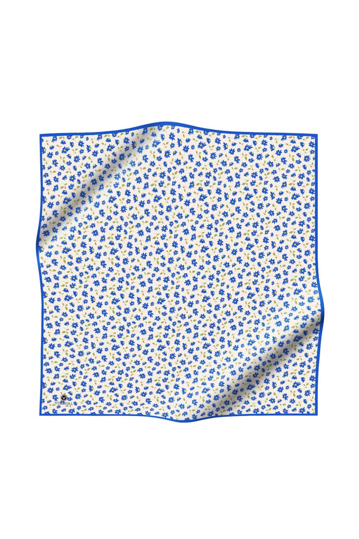 %100 Twill İpek Papatya Desenli Krem - Saks Renkli 90x90 Eşarp Dikim Şekli : El Dikişi