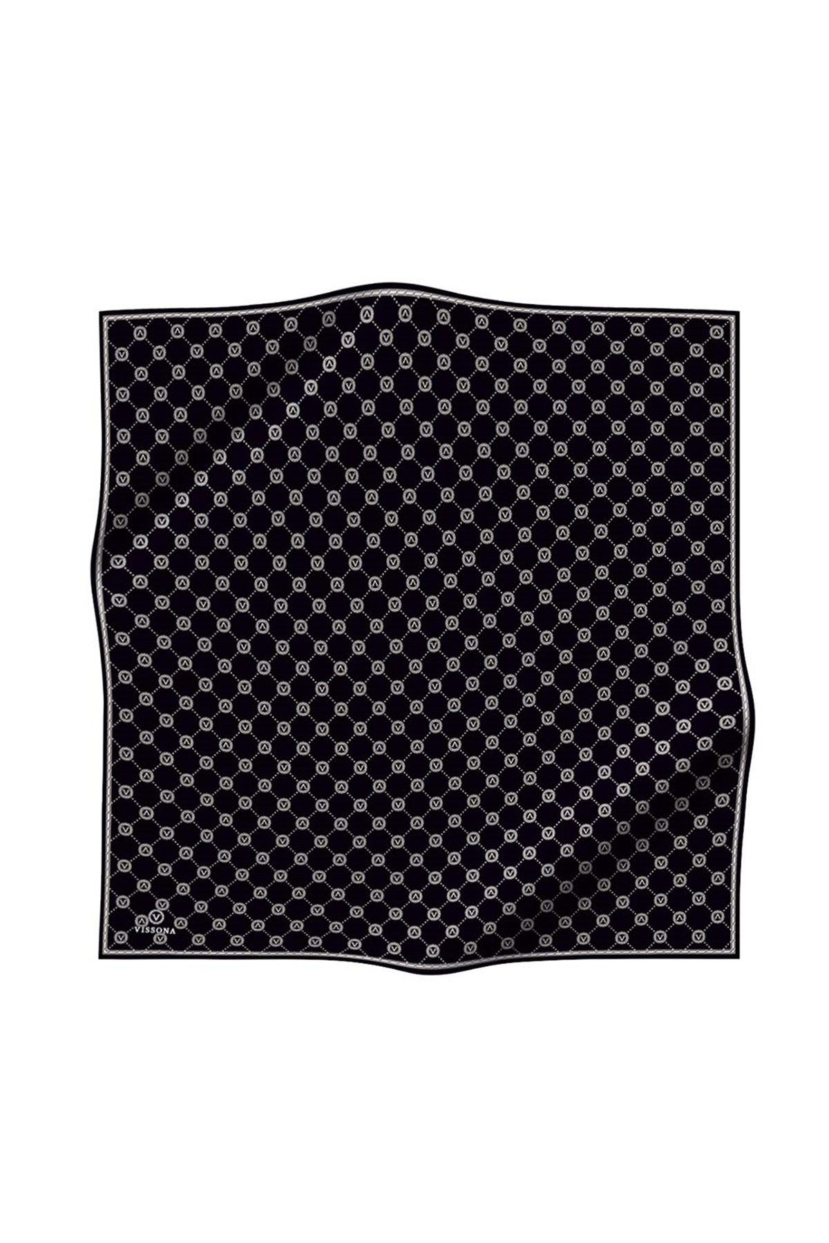 %100 Twill İpek Monogram Desenli Siyah - Krem Renkli 90x90 Eşarp Dikim Şekli : El Dikişi
