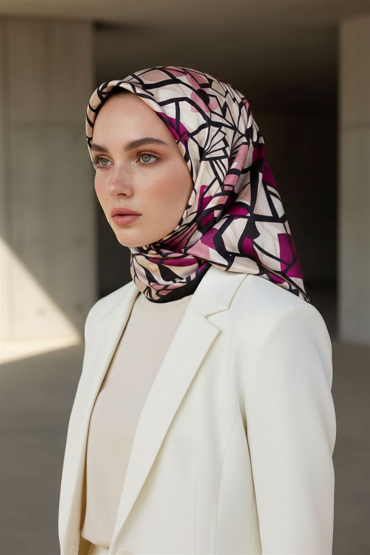 %100 Twill Renkli Petek Desenli Fuşya - Pembe Renkli 90x90 Eşarp Dikim Şekli: El Dikişii
