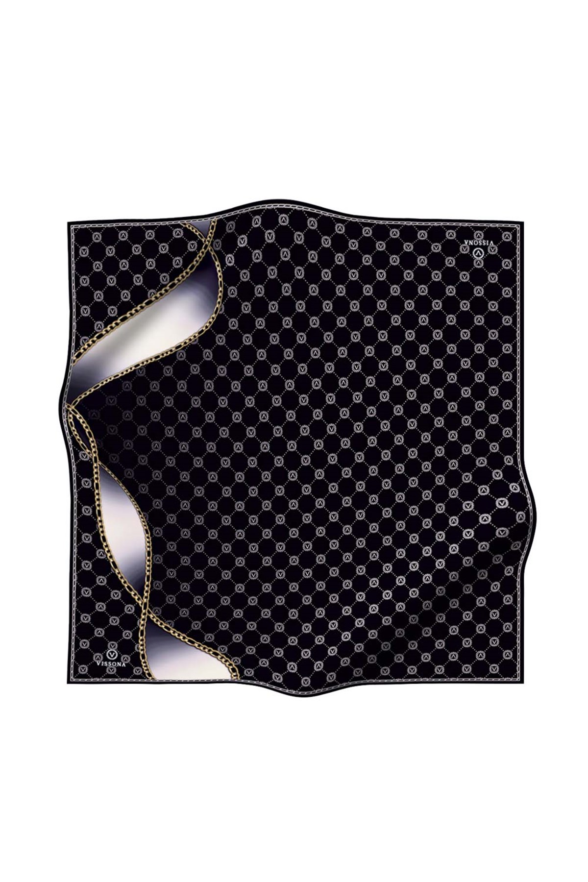 %100 Twill İpek Zincirli Ve Monogram Desenli Siyah - Krem Renkli 90x90 Eşarp Dikim Şekli : El Dikişi