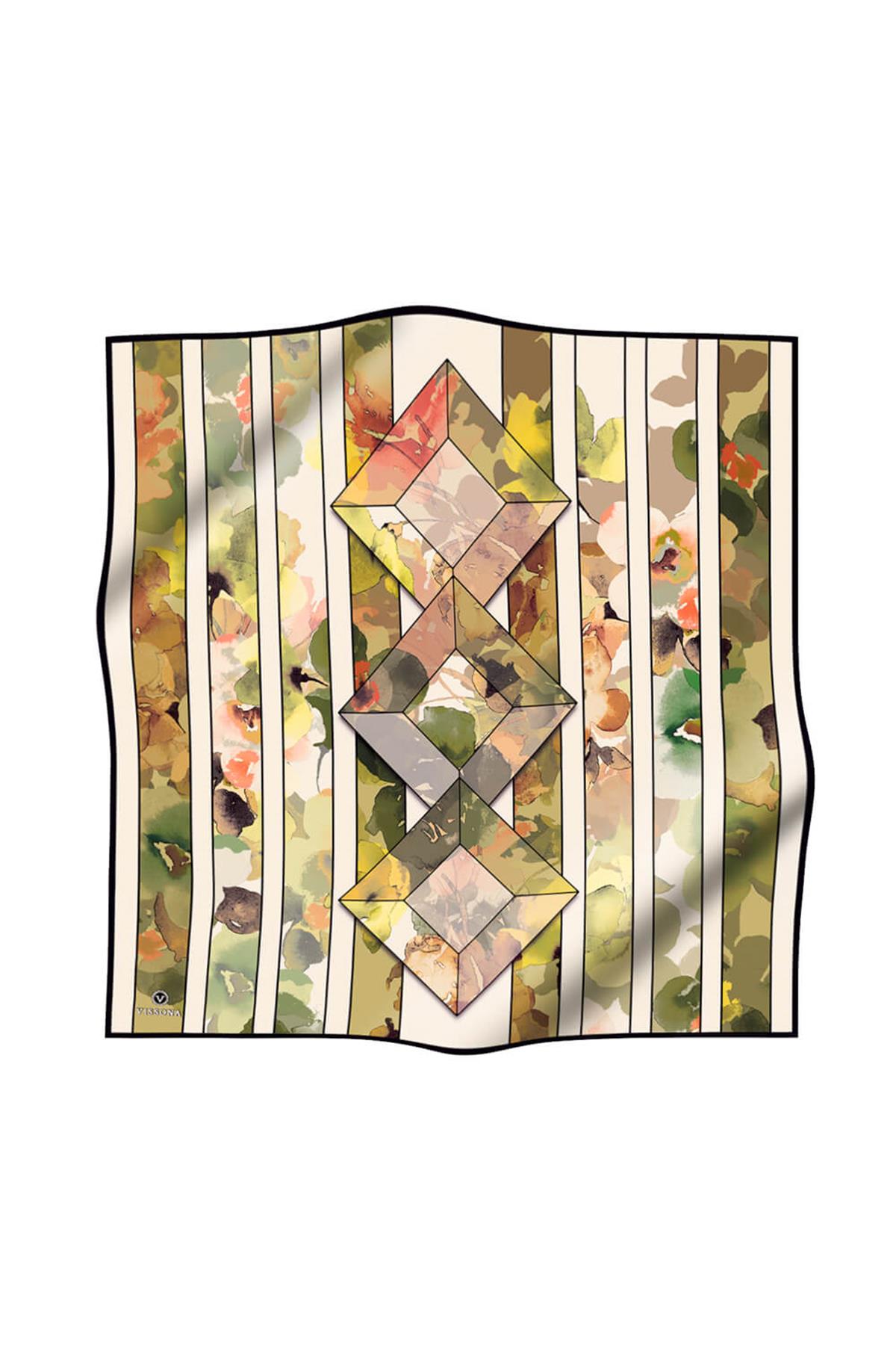 %100 Twill İpek Bahar Çiçekleri Desenli Haki Yeşil - Vizon Renkli 90x90 Eşarp Kenar Dikiş Şekli El Dikişli