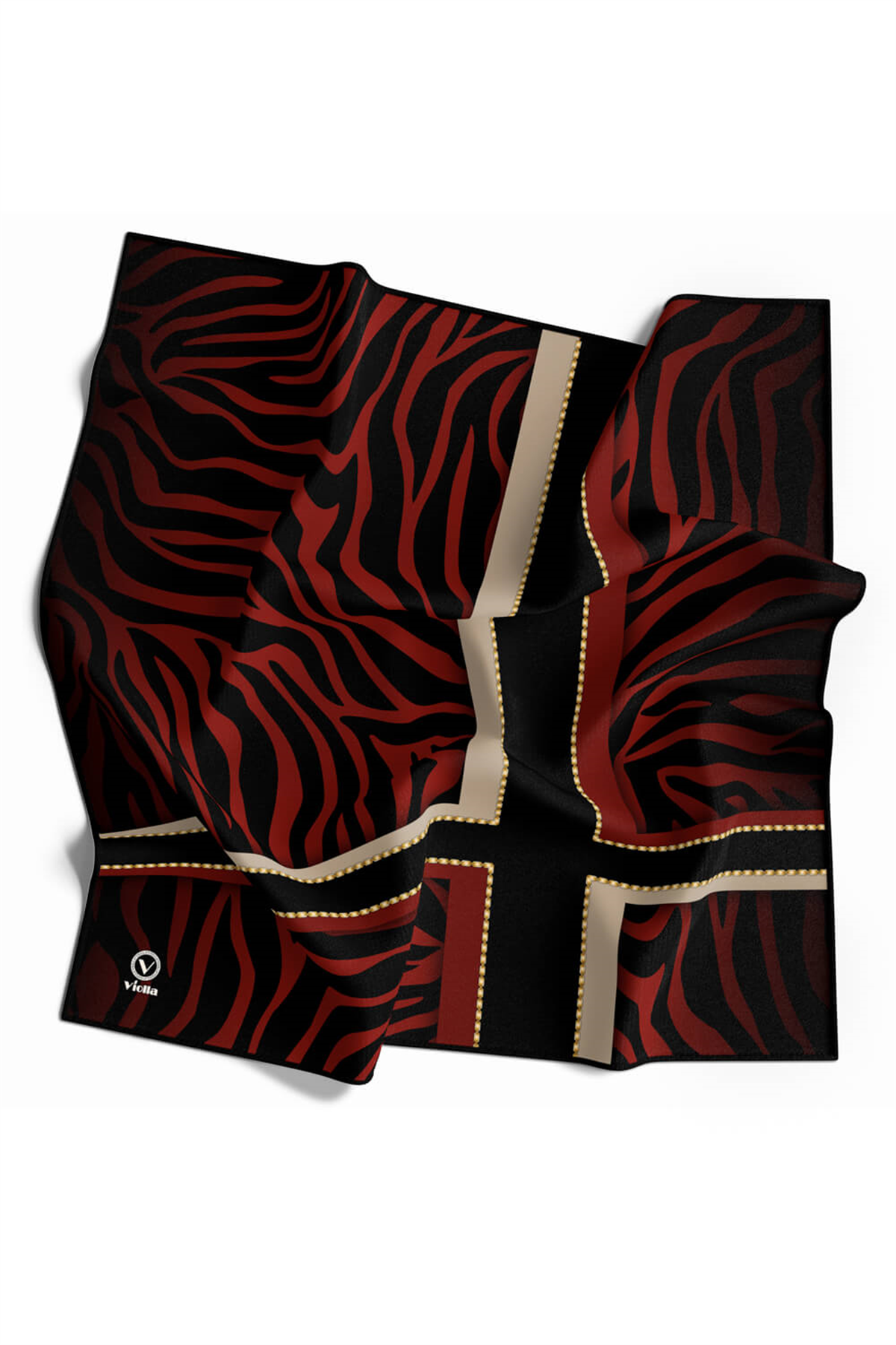 Twill Zebra Desenli Siyah - Bordo Renkli 90x90 Eşarp (İpek İçermez) Dikim Şekli : El Dikişi