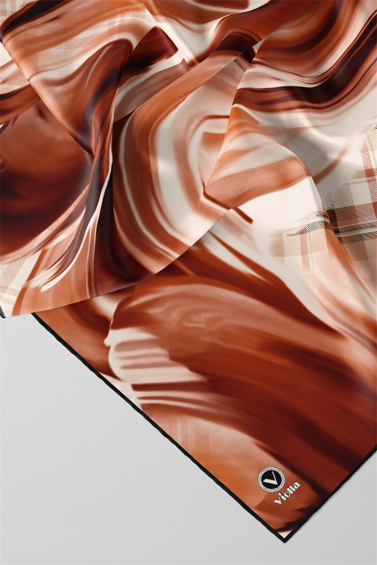Twill Dalga ve Ekose Desenli Taba Renkli 90x90 Eşarp (İpek İçermez)Kenar Dikiş Şekli El Dikişli
