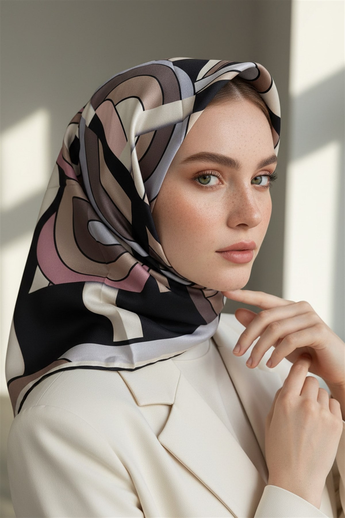 % 57 İPEK % 43 VİSKON Twill İpek Geometrik Desenli Gri - Pudra Renkli 90x90 Dikim Şekli : El Dikişi Eşarp