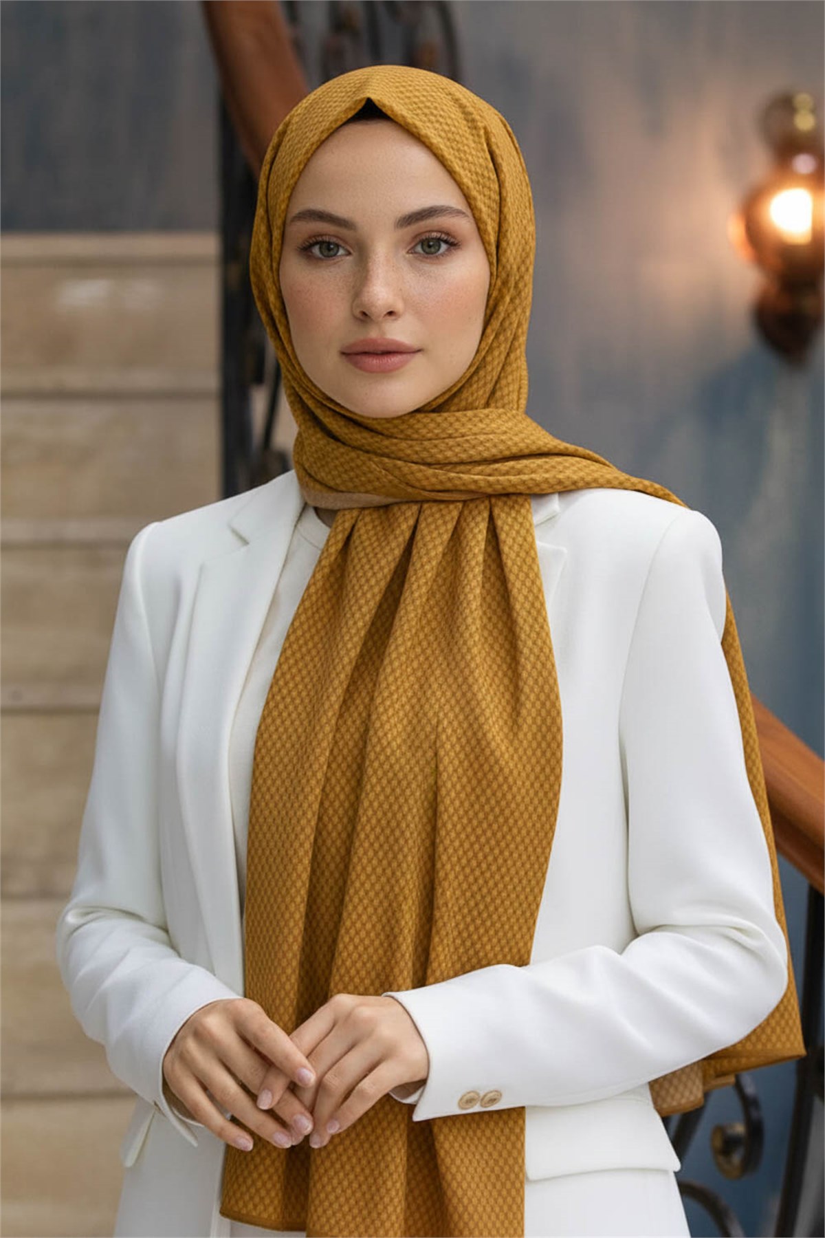 KREP HASIR DESENLİ HARDAL RENKLİ 75X195 KIRIŞMAZ ŞAL