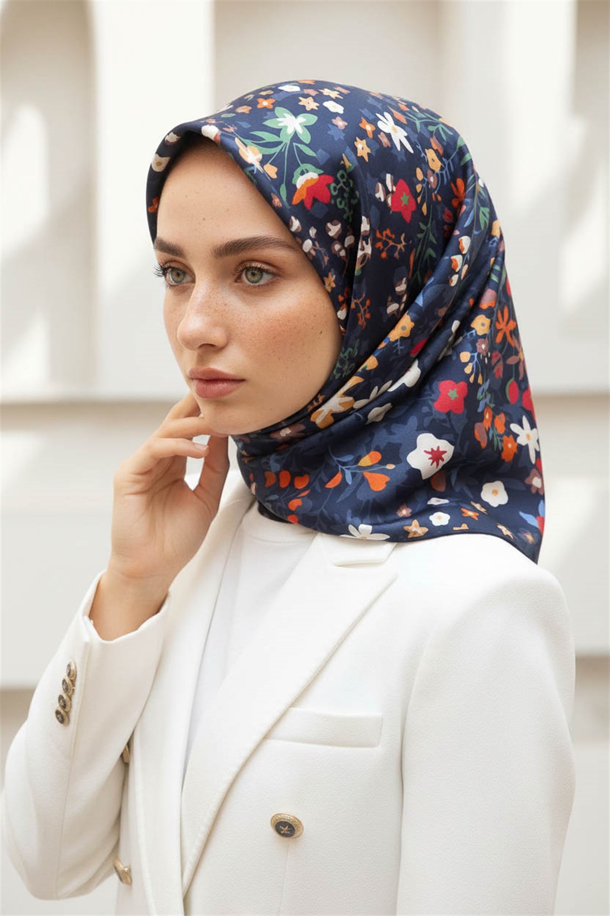 %100 Twill İpek Çıtır Çiçek Desenli Lacivert - Kırmızı Renkli 90x90 Eşarp Dikim Şekli : El Dikişi