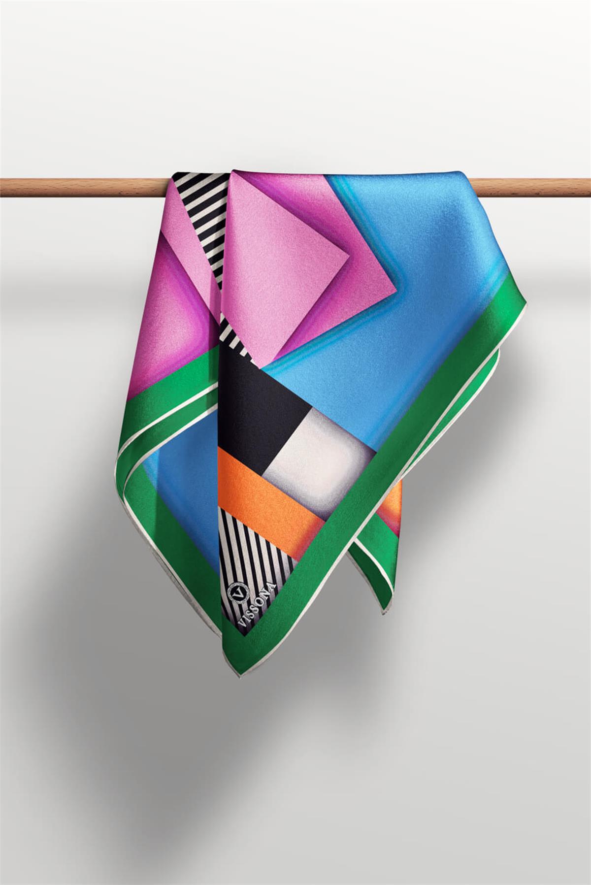 %100 Twill Renk Bloklu Çizgili Desenli Bebe Mavisi - Pembe Renkli 90x90 Eşarp Dikim Şekli: El Dikişii