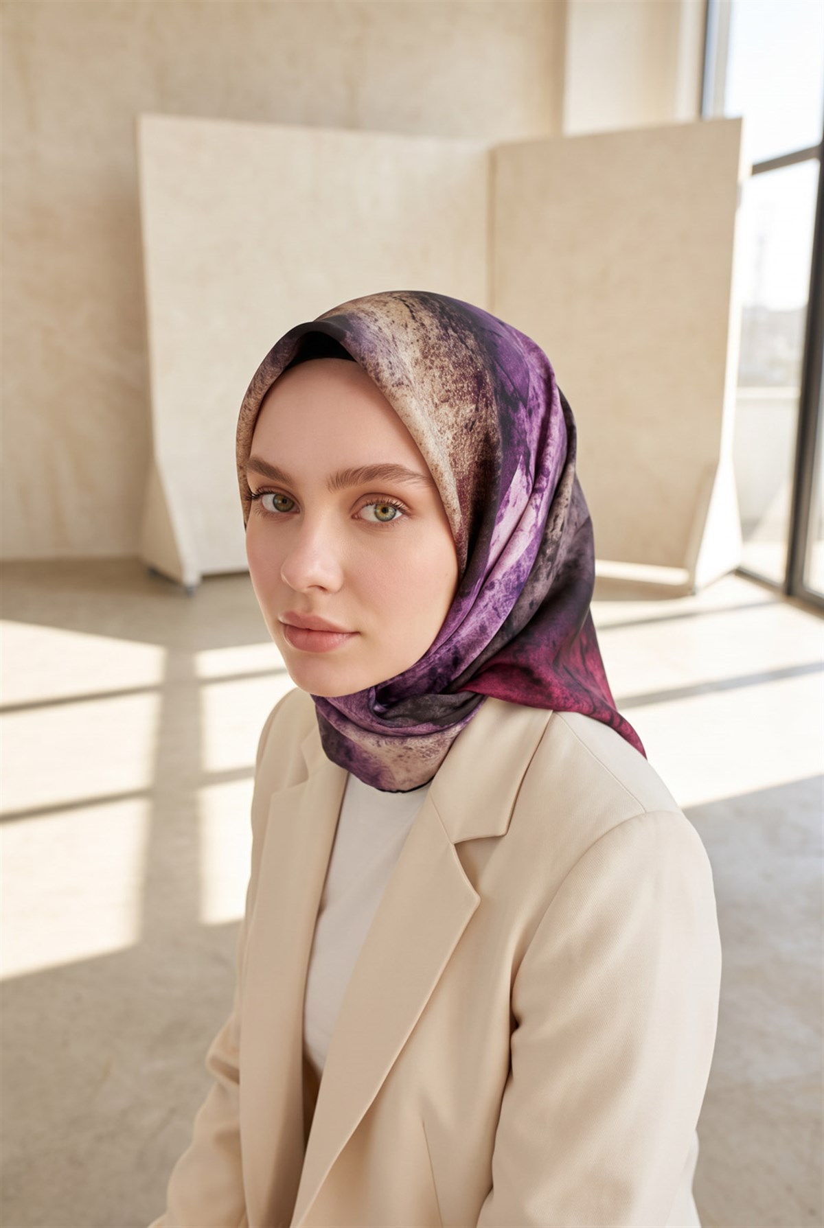 % 57 İPEK % 43 VİSKON Twill İpek Dokulu Ve Geometrik Desenli Mürdüm - Vizon Renkli 90x90 Eşarp Dikim Şekli : El Dikişi