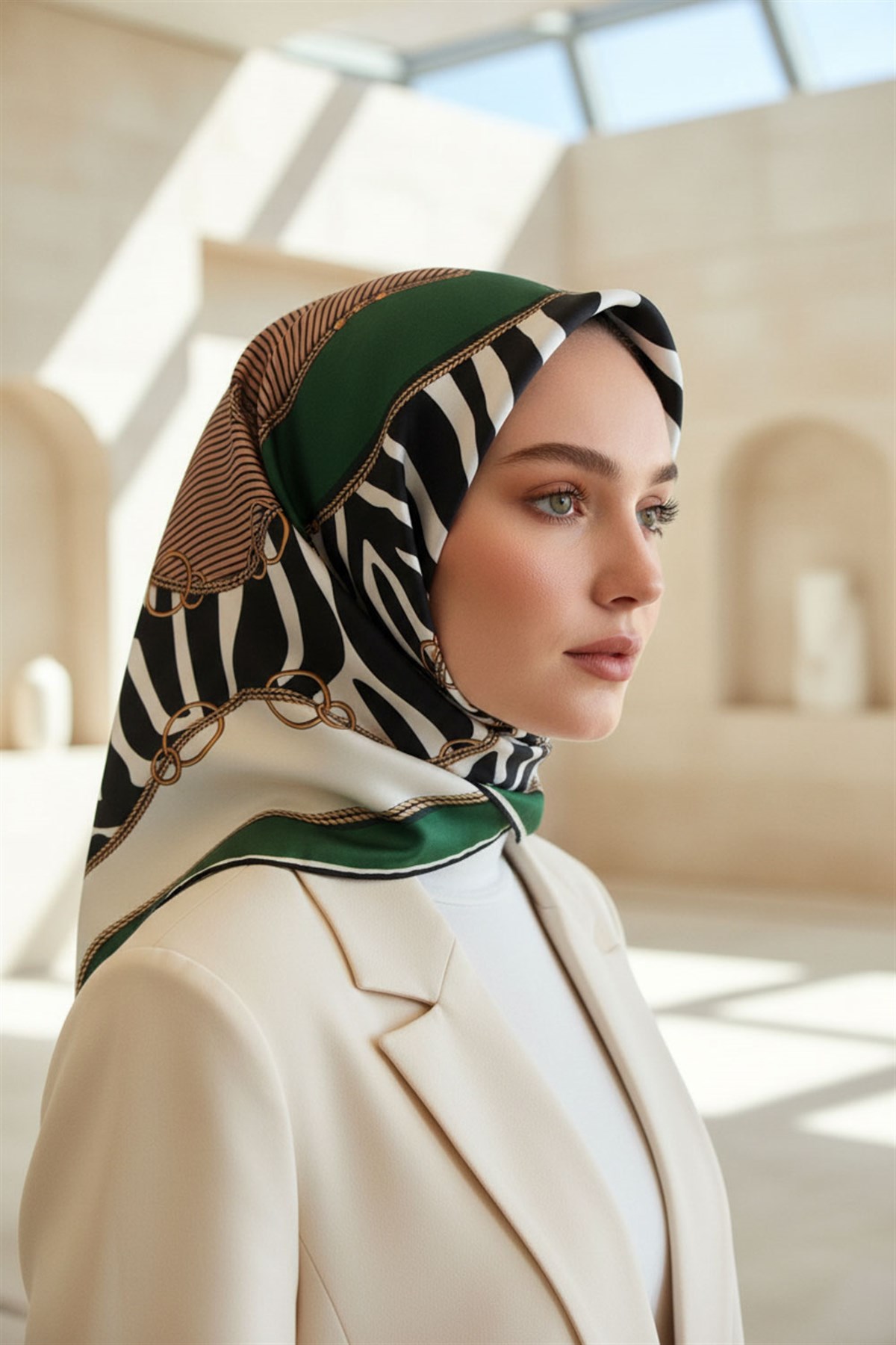 %100 Twill İpek Zincirli Ve Zebra Desenli Zümrüt Yeşili - Vizon Renkli 90x90 Eşarp Dikim Şekli : El Dikişi