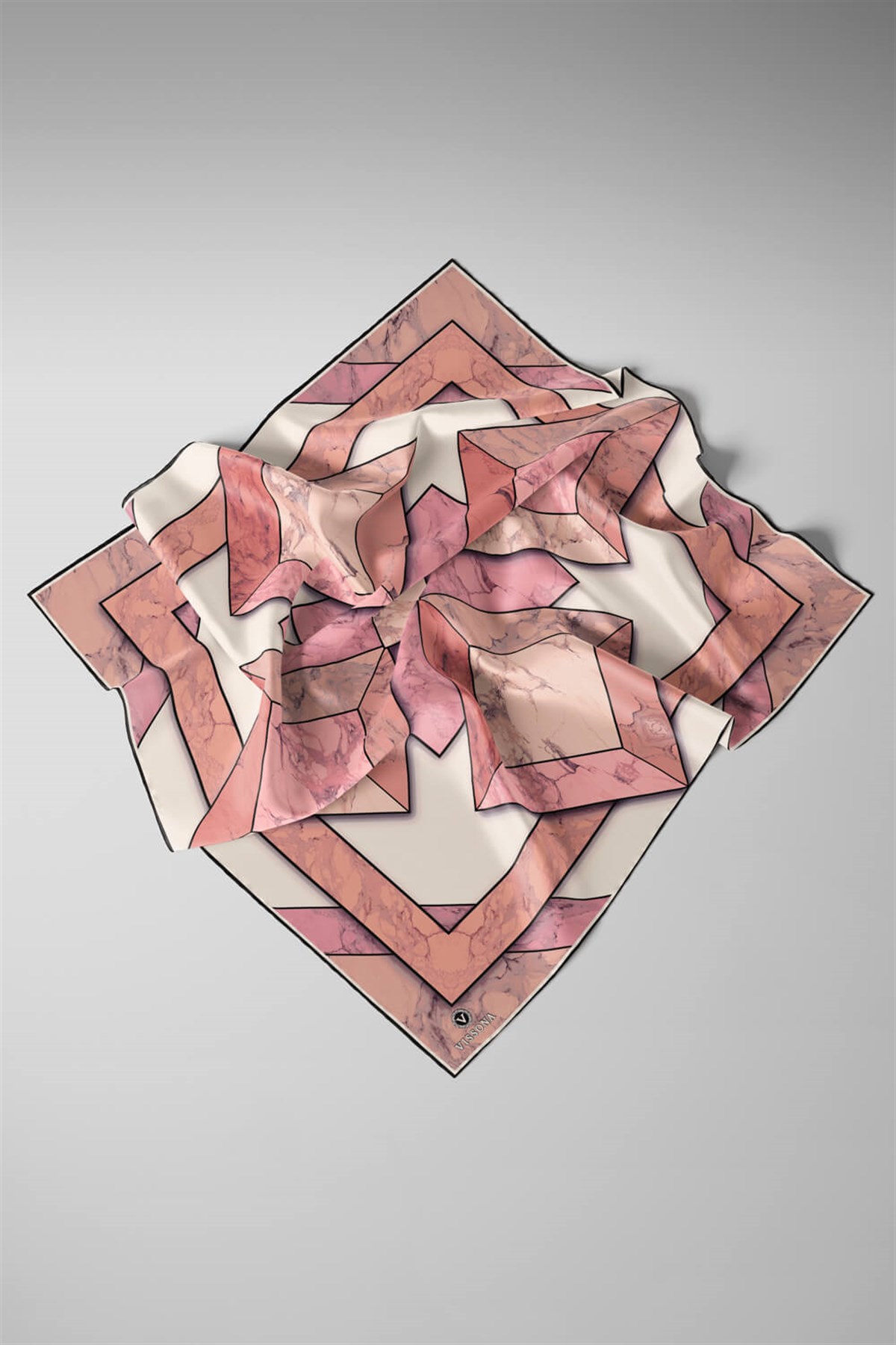 %100 Twill İpek Mermer Desenli Somon - Pudra Renkli 90x90 Eşarp Dikim Şekli : El Dikişi