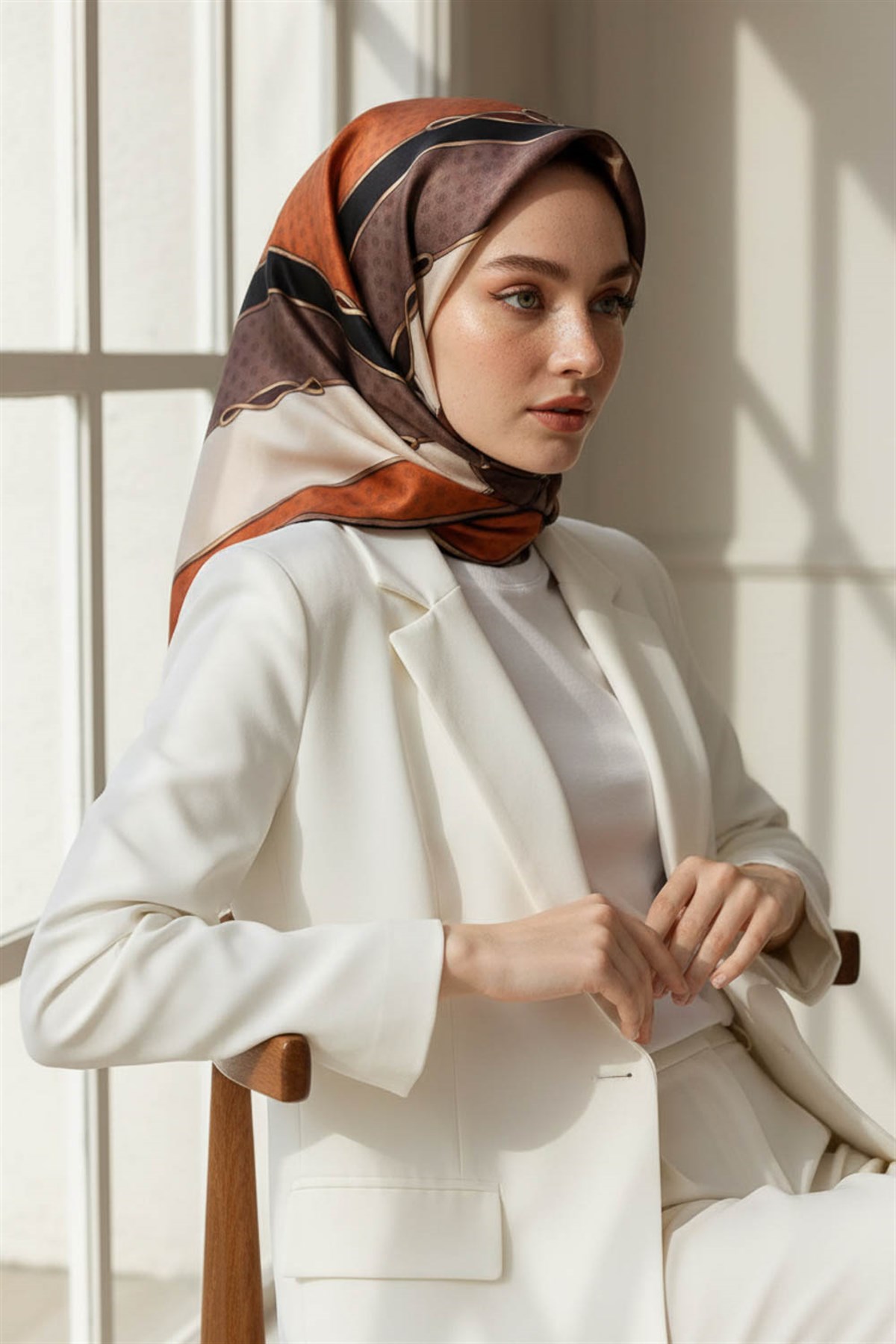 % 57 İPEK % 43 VİSKON Twill İpek Puantiyeli Ve Geometrik Desenli Taba - Vizon Renkli 90x90 Eşarp Dikim Şekli : El Dikişi