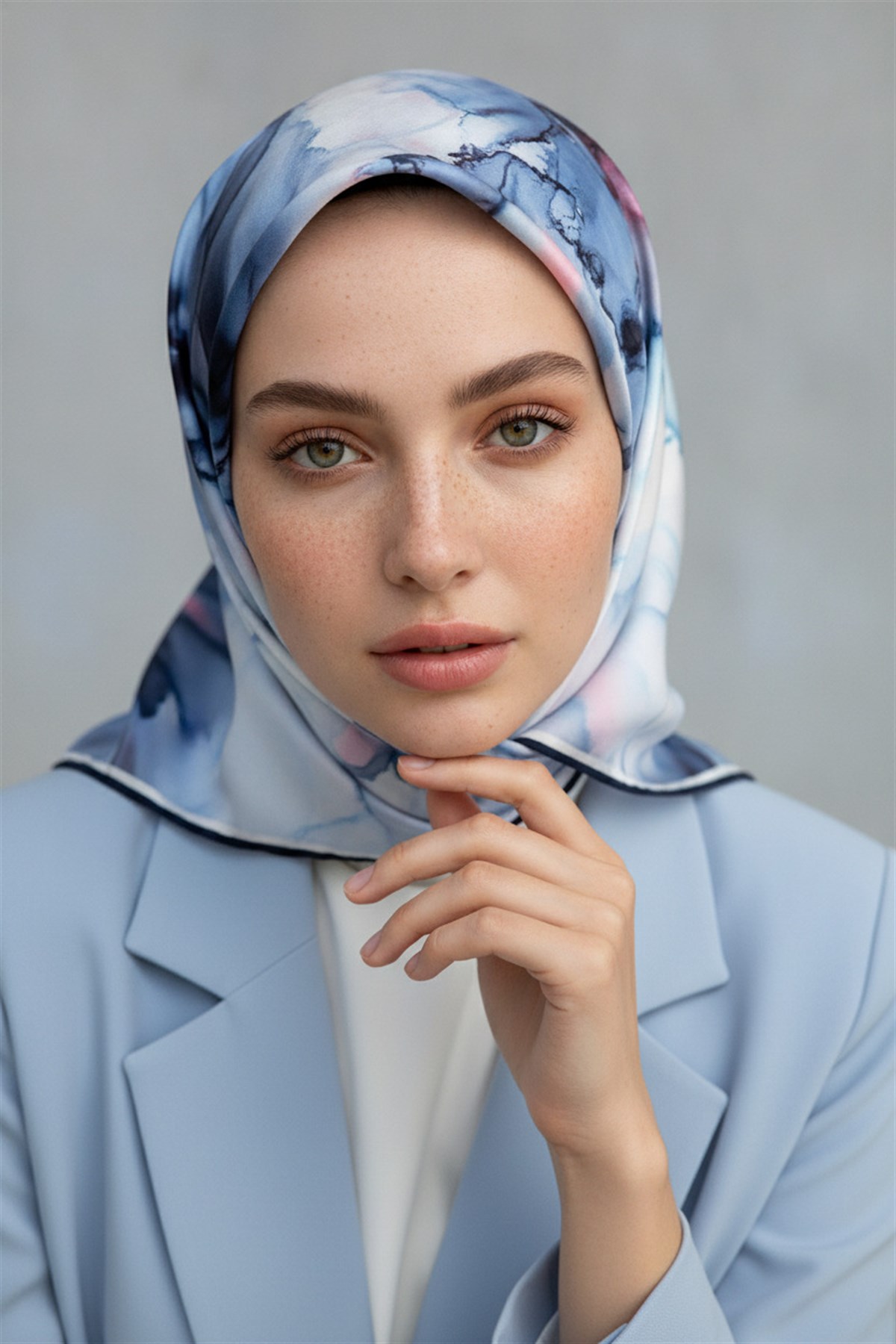 %100 Twill İpek Batik Çiçek Desenli Bebe Mavisi - Pudra Renkli 90x90 Eşarp Kenar Dikiş Şekli El Dikişli