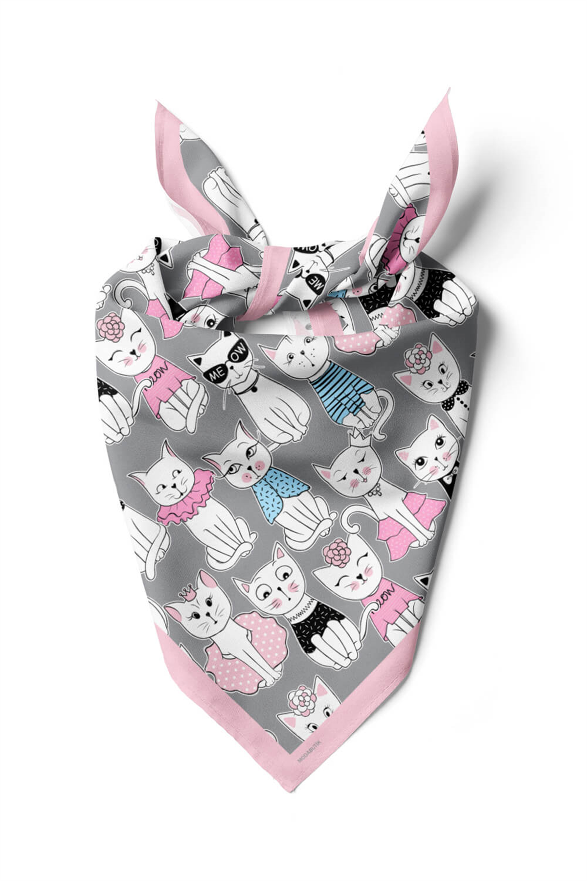 B85 Kadın Kedi Desenli Bandana 50x50 Siyah Beyaz Pembe DG0411-22 Snz