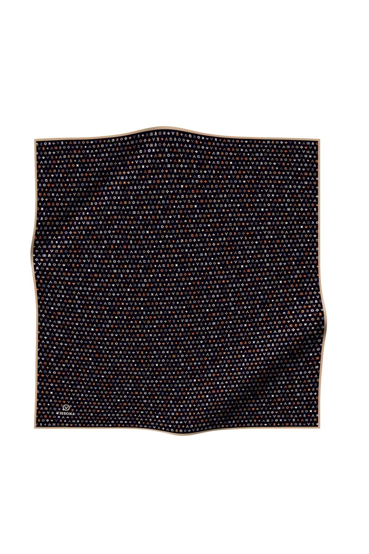 %100 Twill İpek Çıtır Motif Desenli Siyah - Bej Renkli 90x90 Eşarp Dikim Şekli : El Dikişi