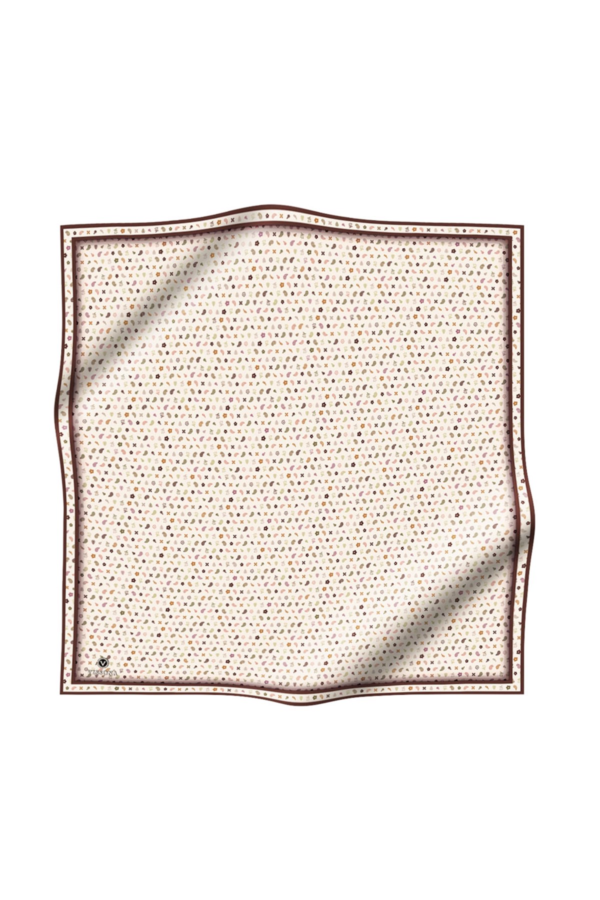 %100 Twill İpek Çıtır Desenli Krem - Kahverengi Renkli 90x90 Eşarp Dikim Şekli : El Dikişi
