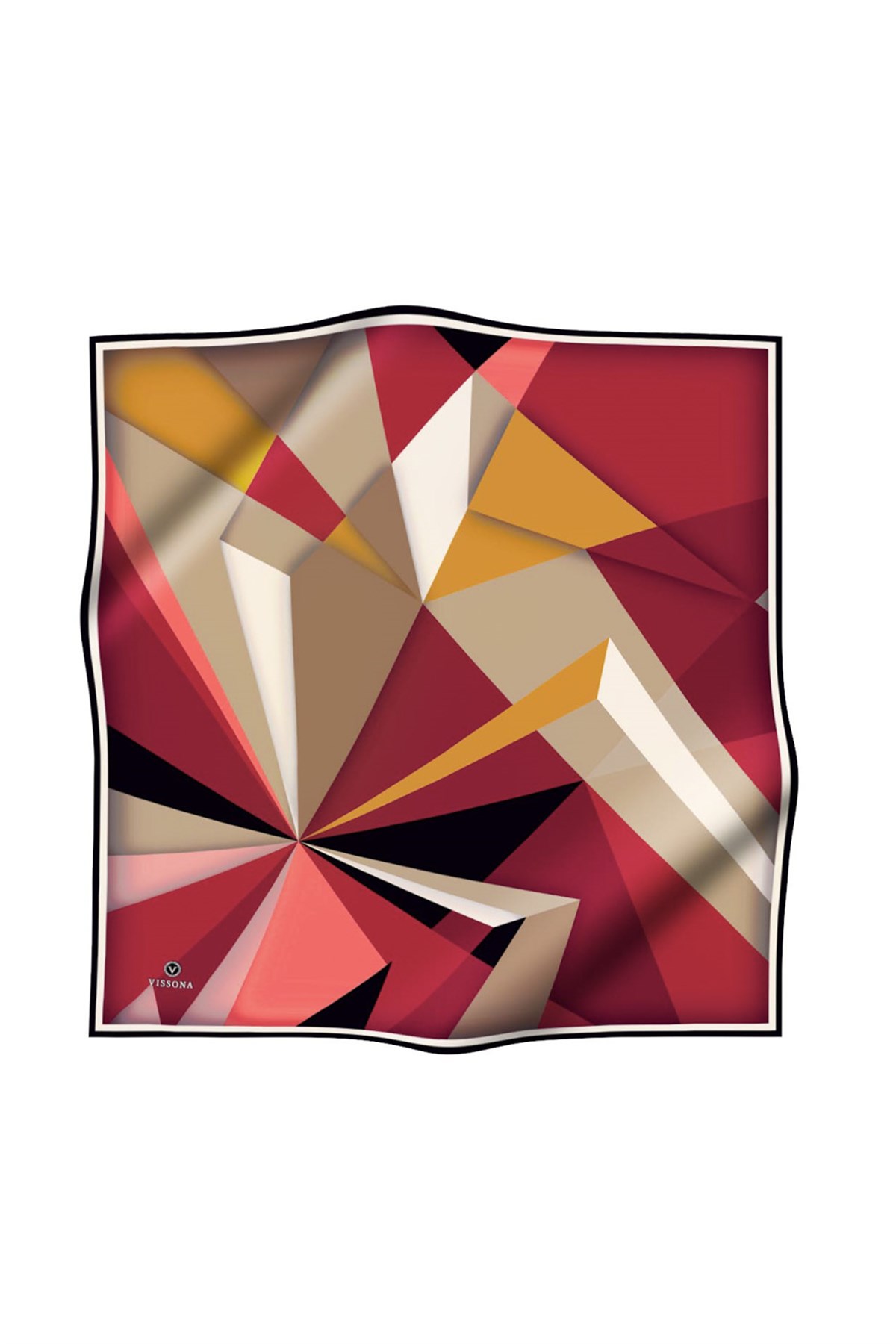 %100 Twill İpek Geometrik Desenli Bordo - Bej Renkli 90x90 Eşarp Dikim Şekli : El Dikişi