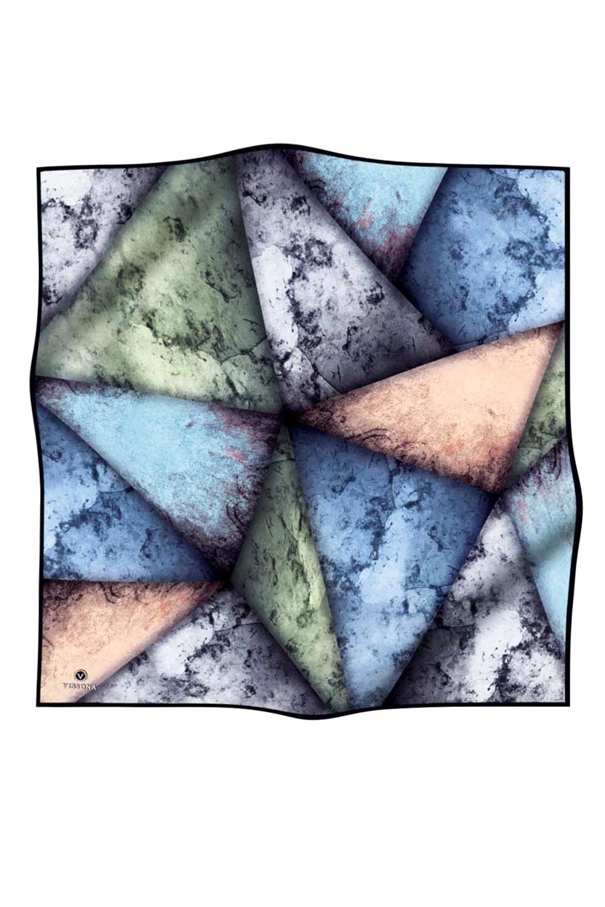 %100 Twill İpek Dokulu Ve Geometrik Desenli Bebe Mavisi - Mint Yeşili Renkli 90x90 Eşarp Dikim Şekli : El Dikişi