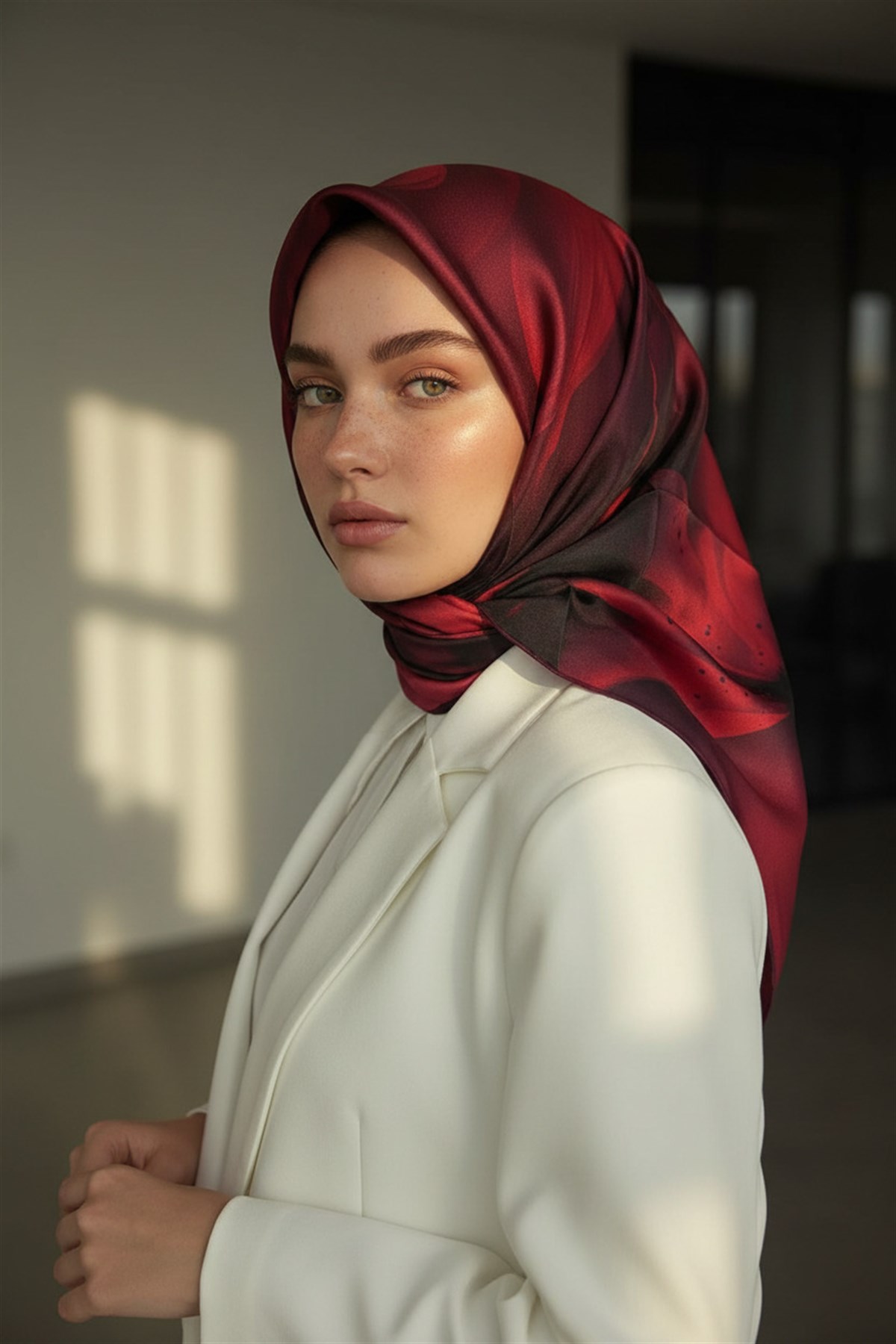 %100 Twill İpek Çiçek Desenli Bordo Renkli 90x90 Eşarp Dikim Şekli : El Dikişi