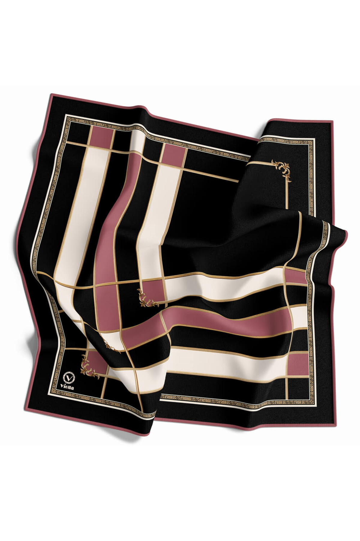 Twill Gold Detaylı Kareli Desenli Pudra Renkli 90x90 Eşarp (İpek İçermez) Kenar Dikiş Şekli El Dikişli