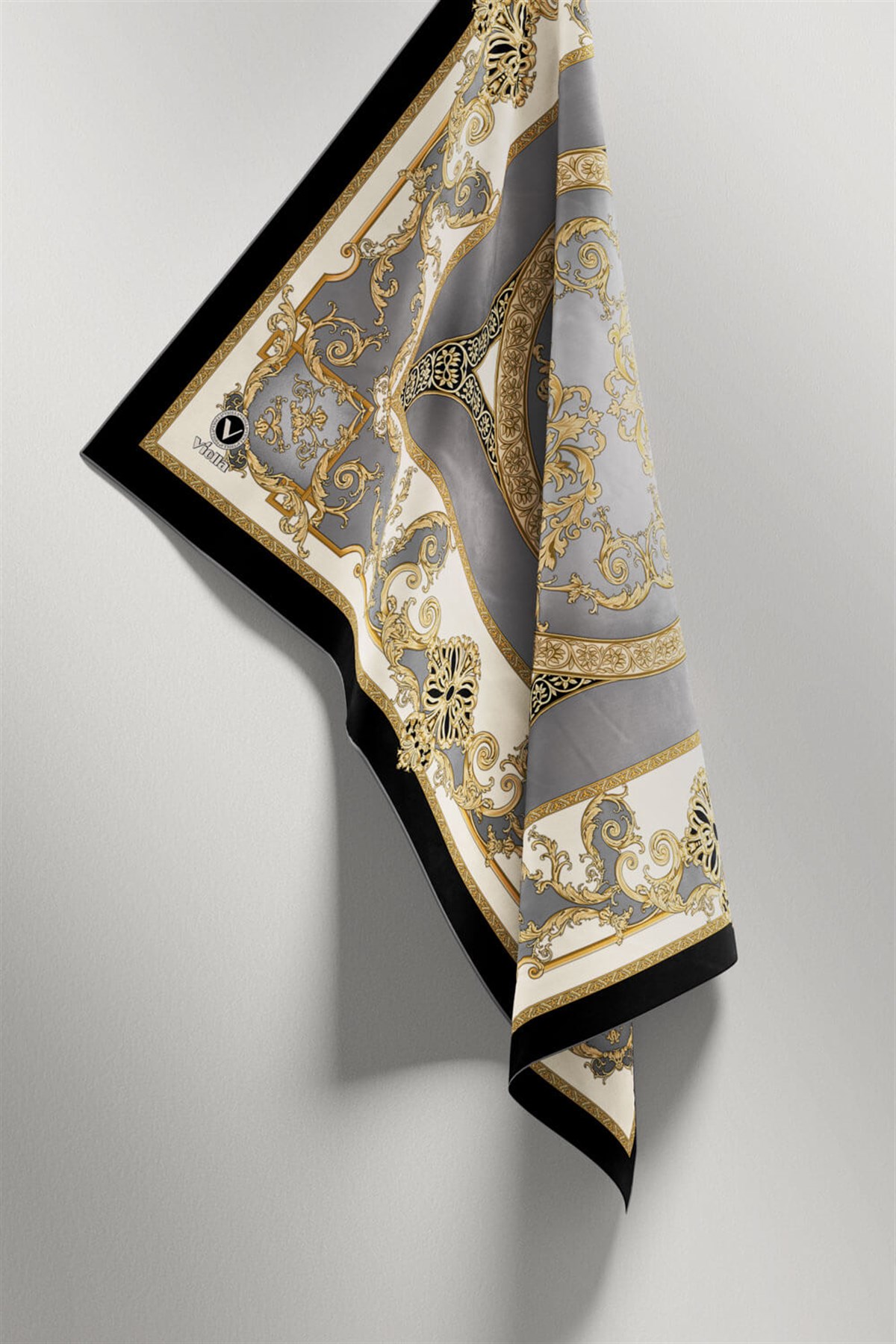 Twill Barok Desenli Gri Renkli 90x90 Eşarp (İpek İçermez) Kenar Dikiş Şekli El Dikişli