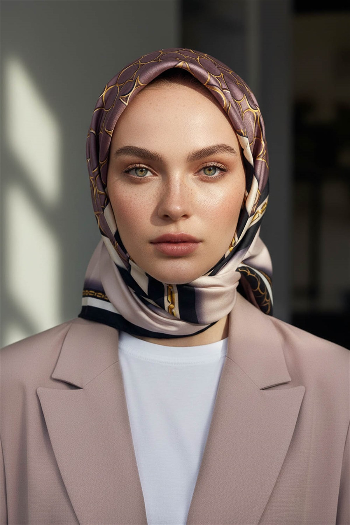 %100 Twill İpek Gold Halka Desenli Pudra - Siyah Renkli 90x90 Eşarp Dikim Şekli : El Dikişi