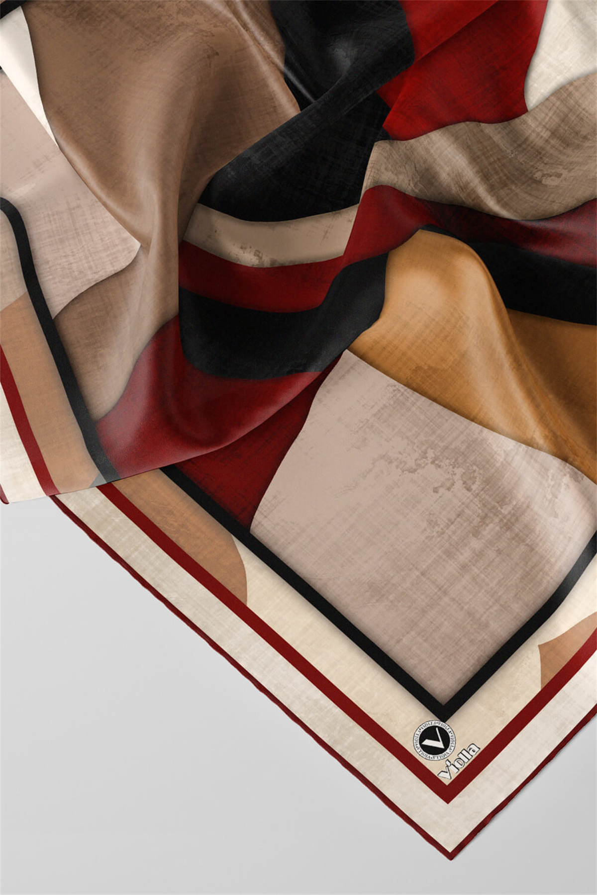 Twill Geometrik Desenli Bordo Renkli 90x90 Eşarp (İpek İçermez) Kenar Dikiş Şekli El Dikişli