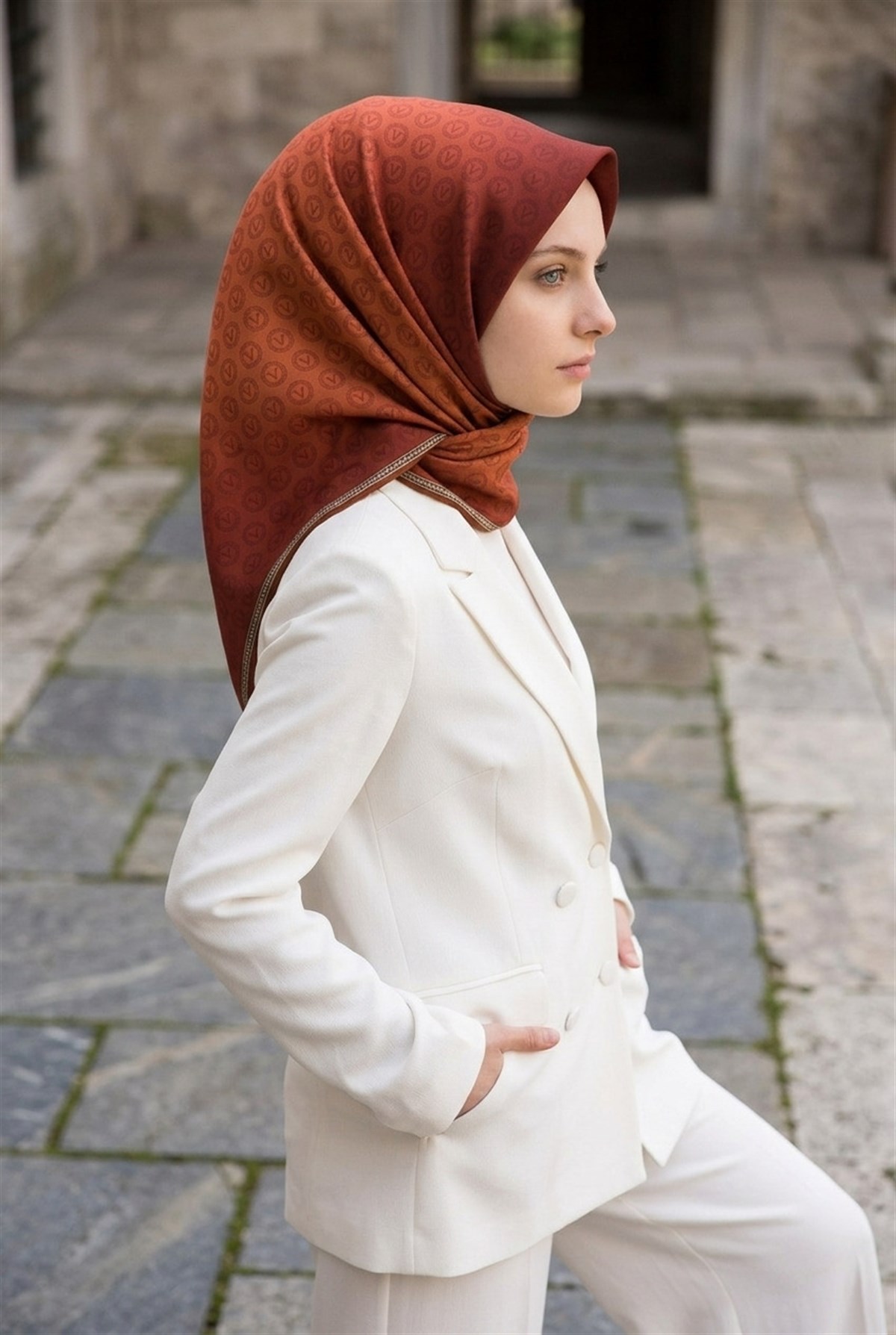 %100 Twill İpek Monogram Desenli Taba Renkli 90x90 Eşarp Dikim Şekli : El Dikişi