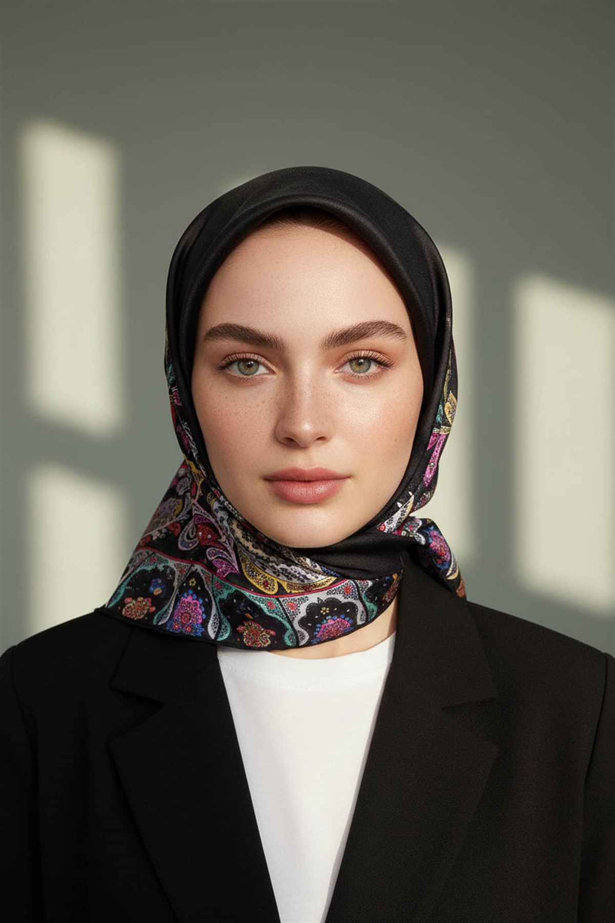 100% Twill İpek Etnik Desenli Siyah - Fuşya Renkli 90x90 Dikim Şekli : El Dikişi Eşarp