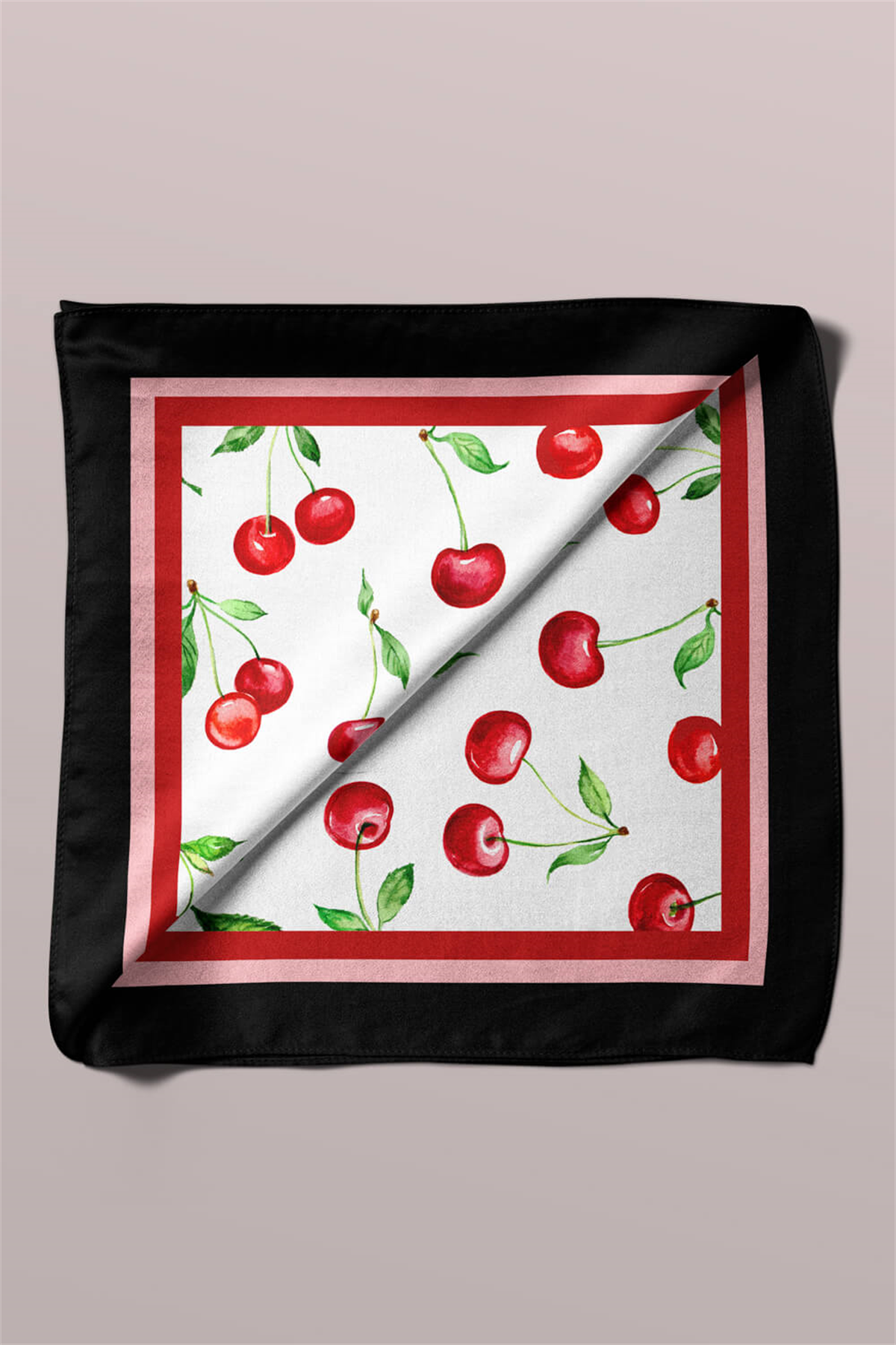 B79 Kadın Kiraz Desenli Bandana 50x50 Kırmızı DG0205-22 Snz