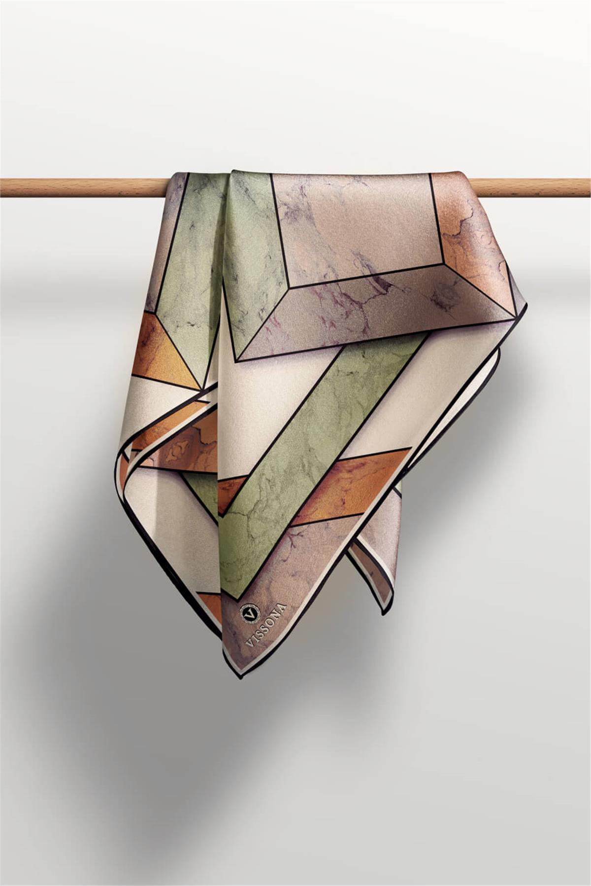 %100 Twill İpek Mermer Desenli Bakır - Haki Renkli 90x90 Eşarp Dikim Şekli : El Dikişi