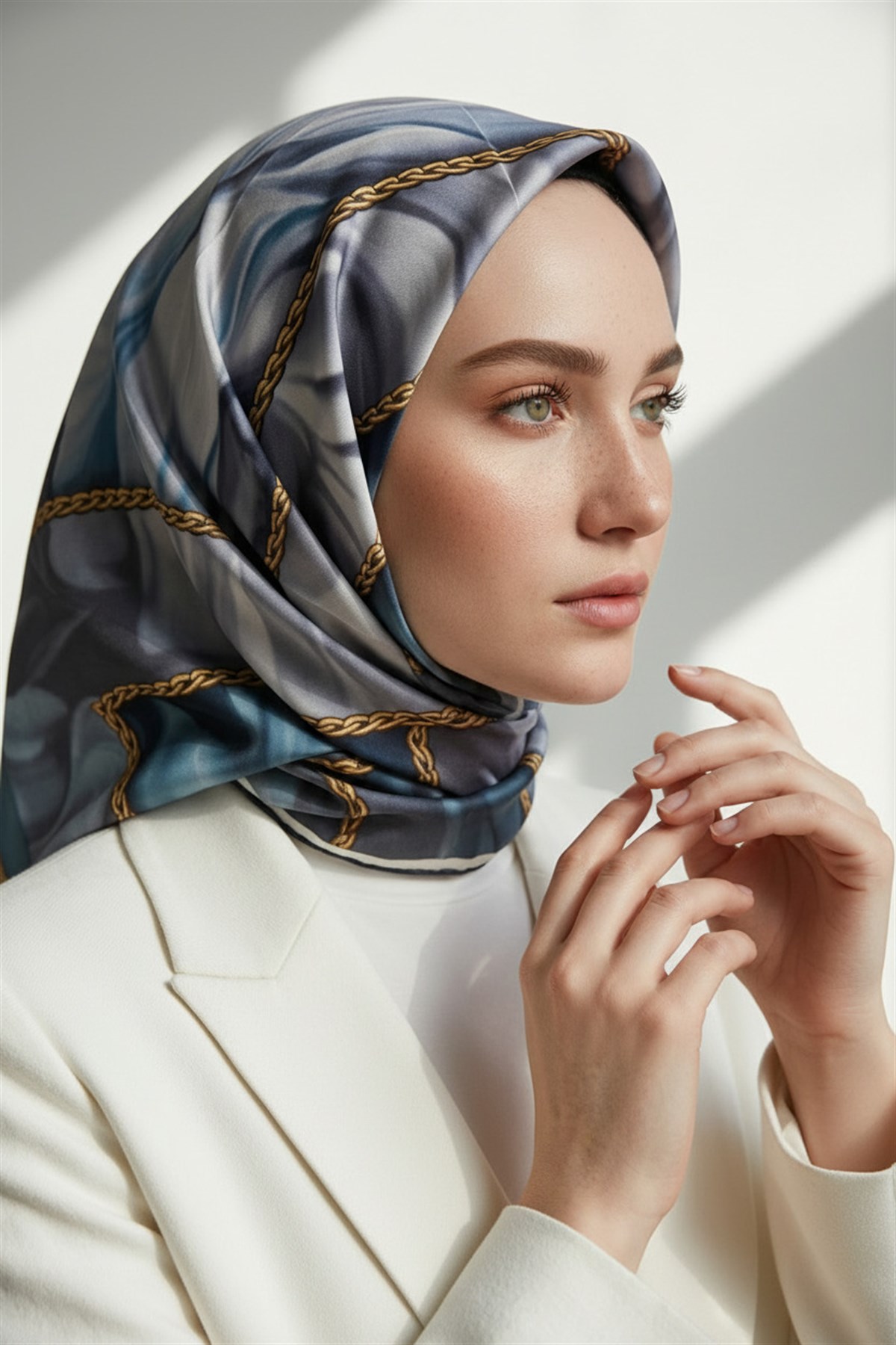 % 57 İPEK % 43 VİSKON Twill İpek Çiçek Geometrik Desenli lacivert  Renkli 90x90 Eşarp Dikim Şekli : El Dikişi