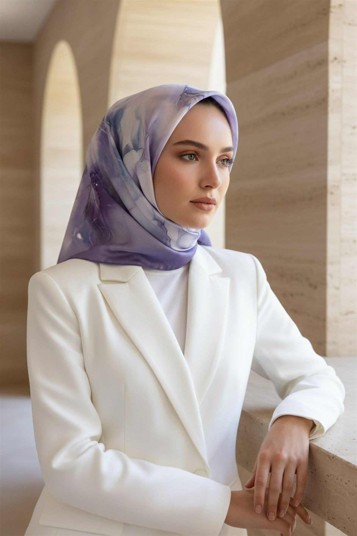 %100 Twill İpek Duman Desenli Lila - Mor Renkli Renkli 90x90 Eşarp Dikim Şekli : El Dikişi