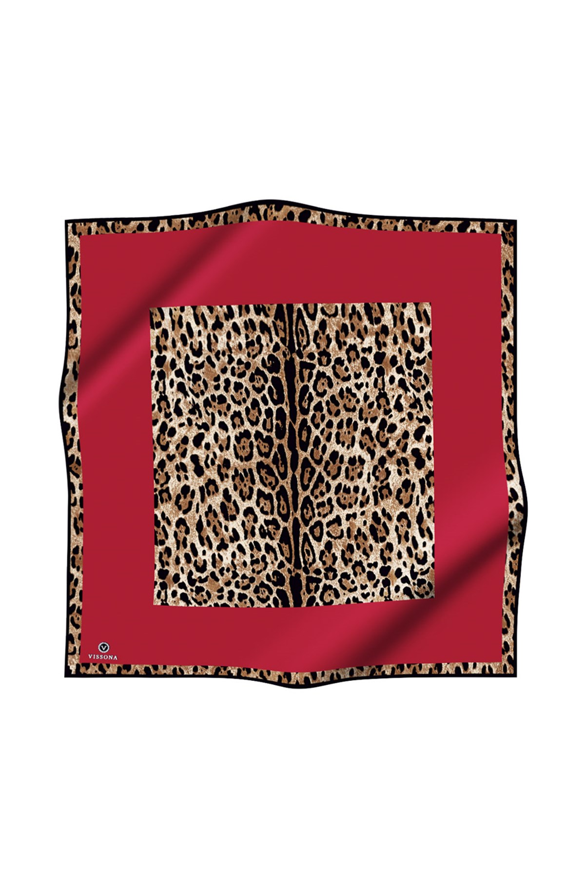 %100 Twill İpek Leopar Desenli Kırmızı Renkli 90x90 Eşarp Dikim Şekli : El Dikişi