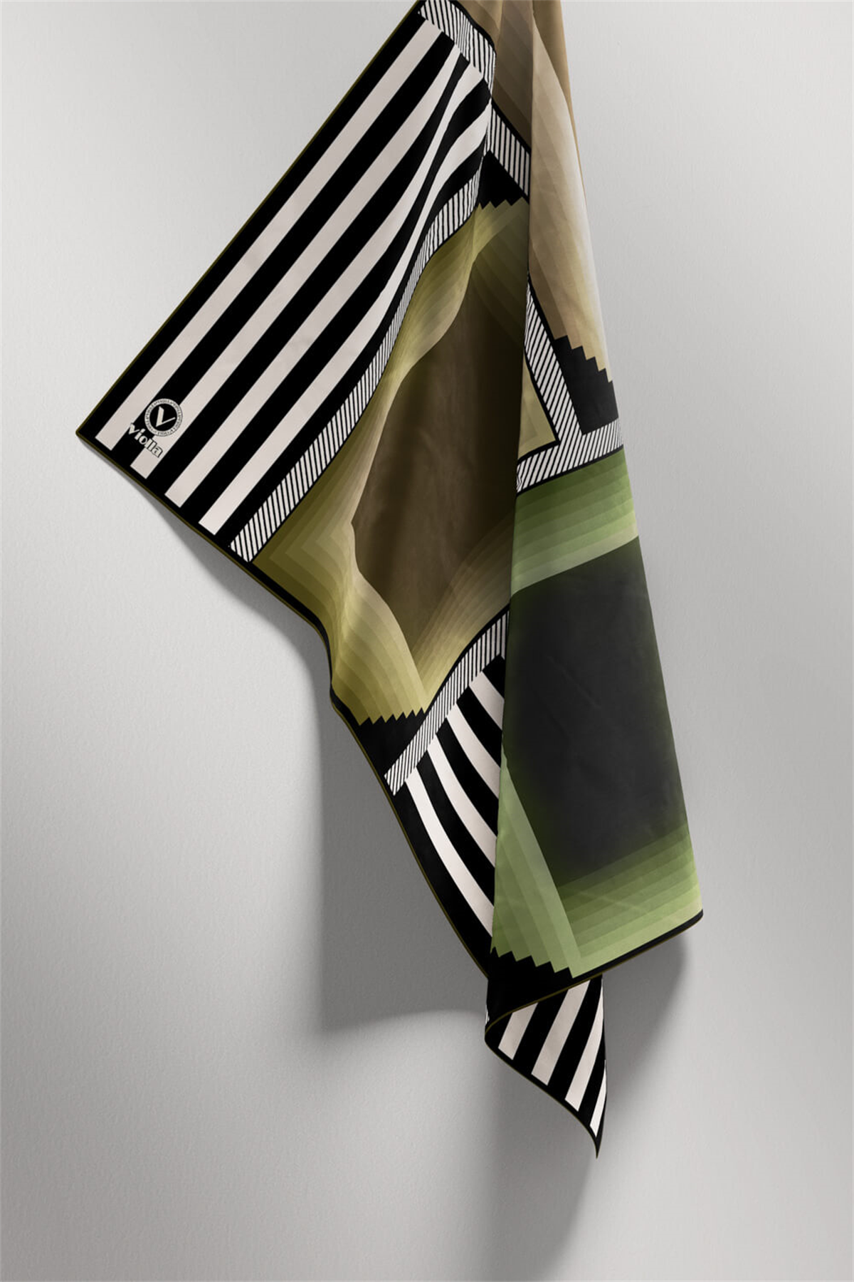 Twill Geometrik Desenli Haki Renkli 90x90 Eşarp (İpek İçermez) Kenar Dikiş Şekli El Dikişli