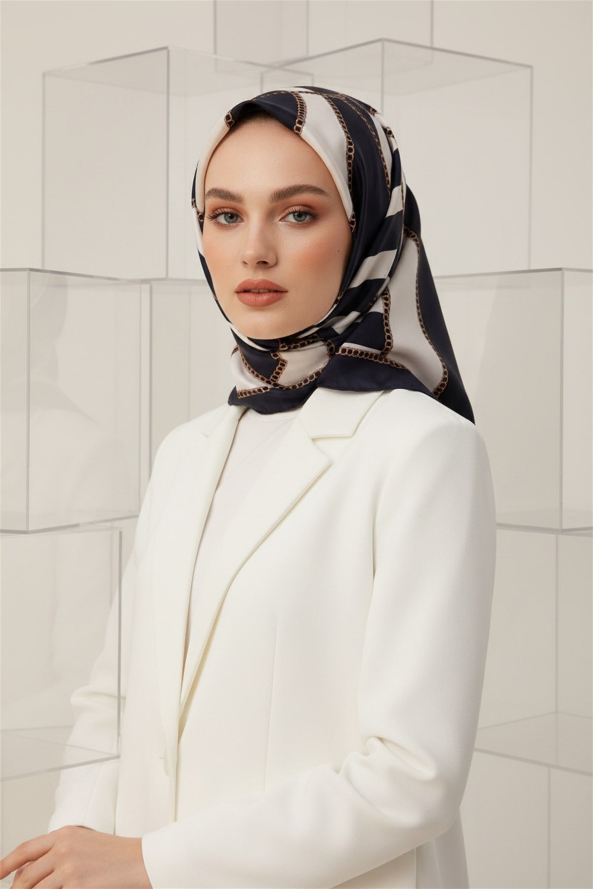 %100 Twill İpek Zincirli Çizgi Desenli Lacivert - Krem Renkli 90x90 Eşarp Dikim Şekli : El Dikişi