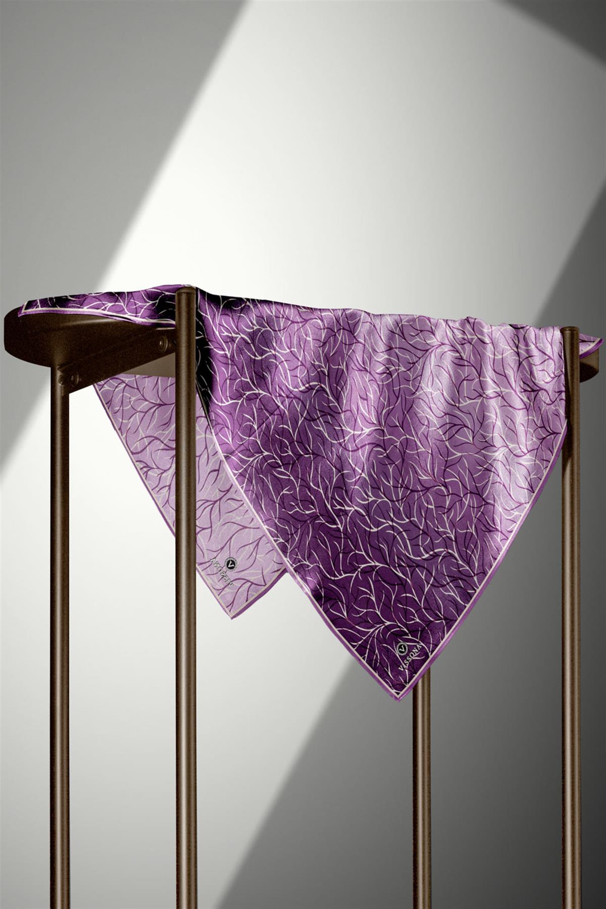 %100 Twill İpek Degrade Desenli Lila Renkli 90x90 Eşarp Dikim Şekli : El Dikişi